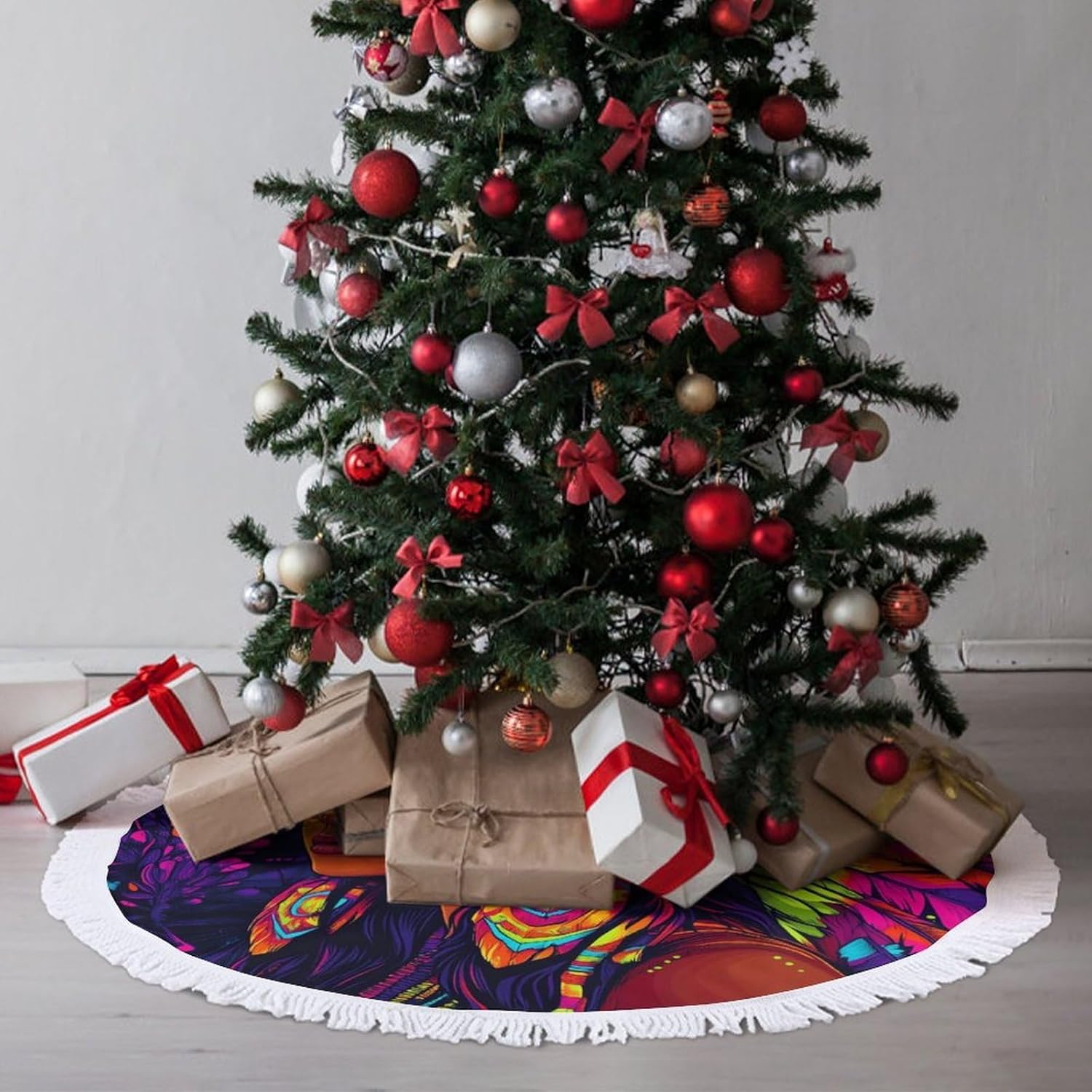 African Indian Tribal Woman Christmas Tree Skirt Round Xmas Tree Mat Ornaments Tree Skirts with Tassels for Holiday Party