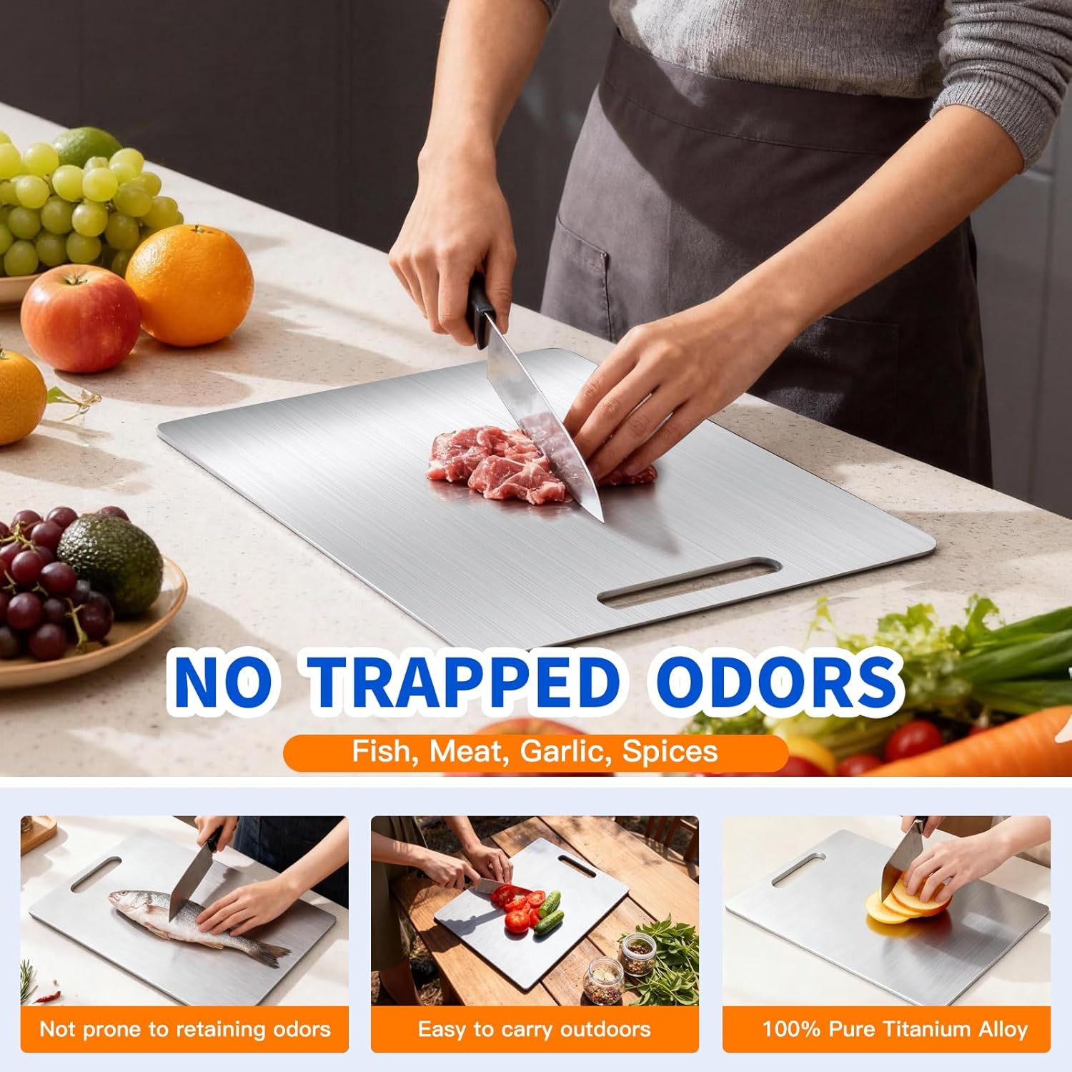 Titanium Cutting Board Set of 3, Titanium Cutting Boards for Kitchen, Food Grade Metal Double Sided Chopping Boards for Kitchen Counter Meat Vegetable Fruit Outdoor Camping(L.M.S)