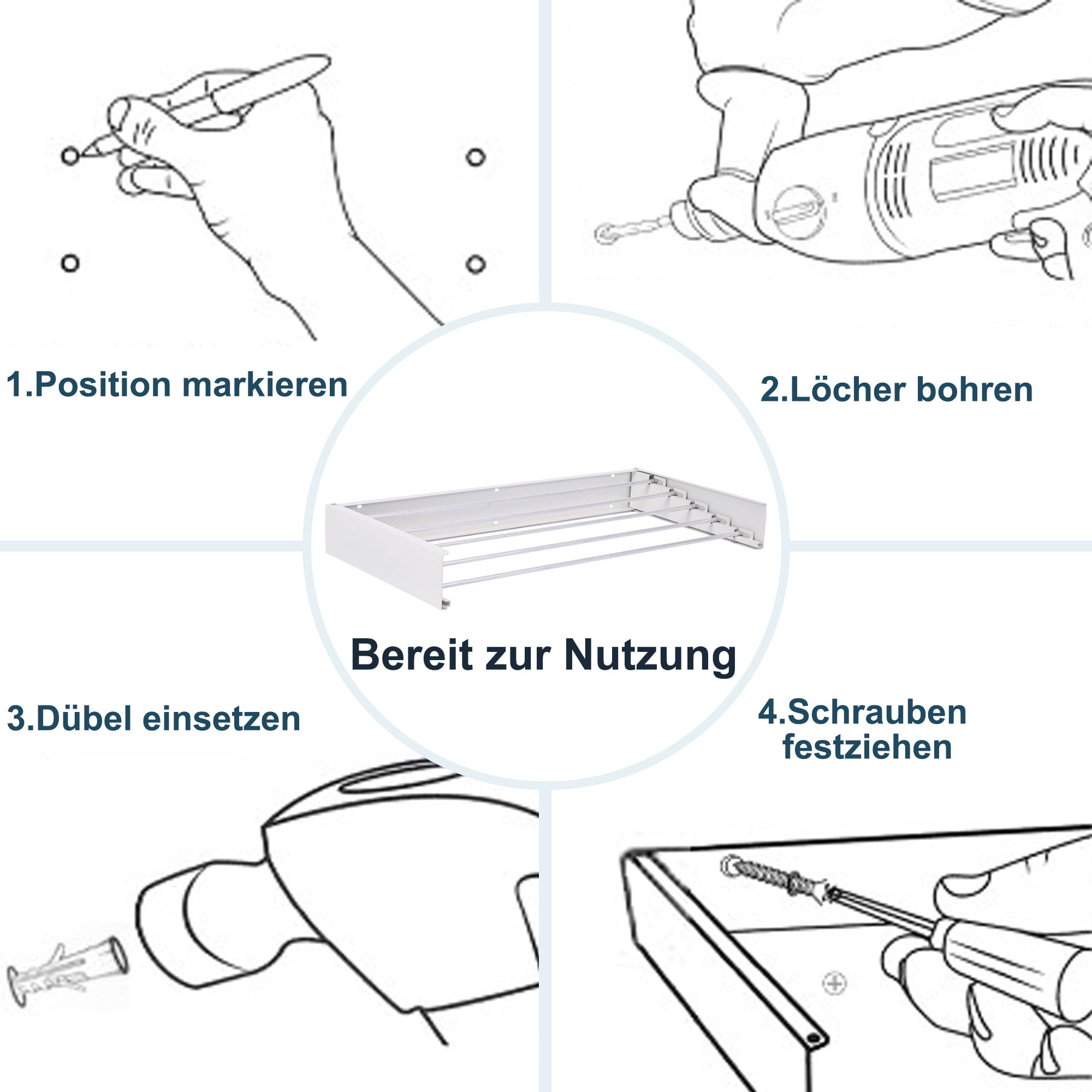 FUSHITON Wandklappbarer Wäscheständer 5 Stangen, Faltbarer Handtuchhalter aus Aluminium + Carbonstahl, Platzsparender Wäscheständer für Bad & Balkon, max. 10 kg Belastbarkeit, Weiß