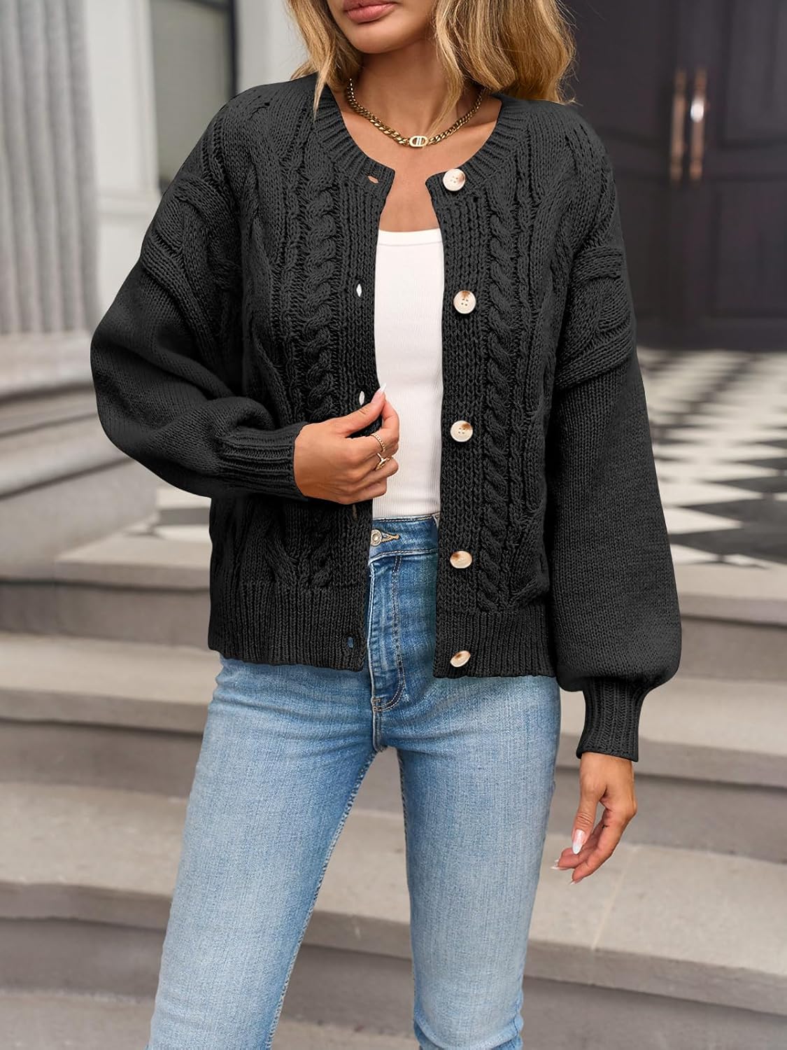 Yousify Womens Open Front Cardigan Sweaters Casual Cable Knit Long Sleeve Button Down Chunky Loose Fall Sweater - Image 2