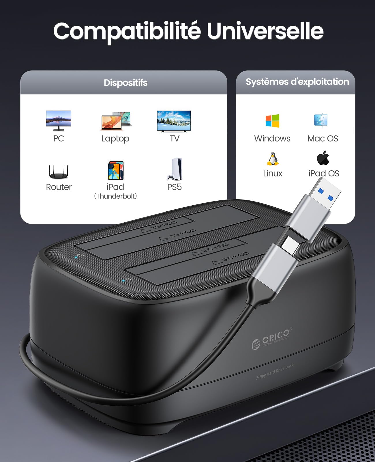 ORICO Docking Station met dubbele schacht USB 3.2 Gen 1 harde schijf behuizing voor alle standaard 2.5 en 3.5 HDD/SSD tot 2x20TB met 12V 3A voeding, gereedschapsloos en UASP-ondersteuning (DD28C3