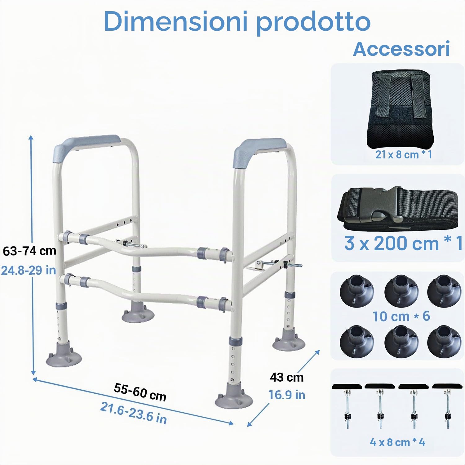 Supporti di sicurezza per WC | Supporto wc per anziani Regolabile in Altezza 63-74cm con Maniglie Antiscivolo - wc per disabili con Capacità di Carico 150kg