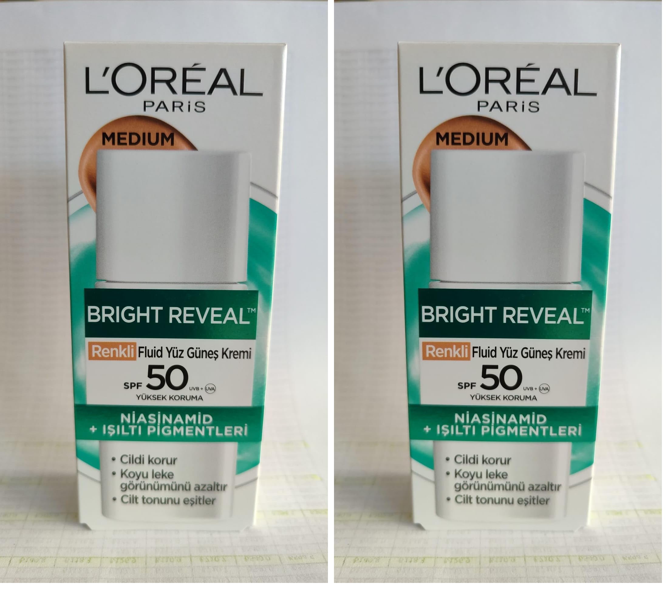 L'Oréal Paris Bright Reveal Spf 50+ Koyu Leke Karşıtı Renkli Fluid Günlük Yüz Güneş Kremi 50 ml - Medium (2 paketi)