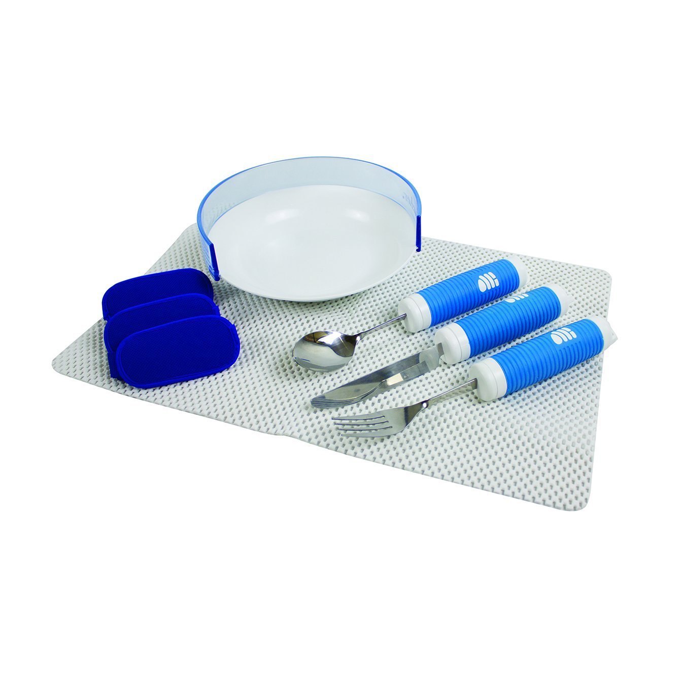 Brown Easy Grip Dinner Set -Scoop Bowl, Large Handled Knife, Fork And Spoon, Plate Surround And Anti Slip Place Mat.