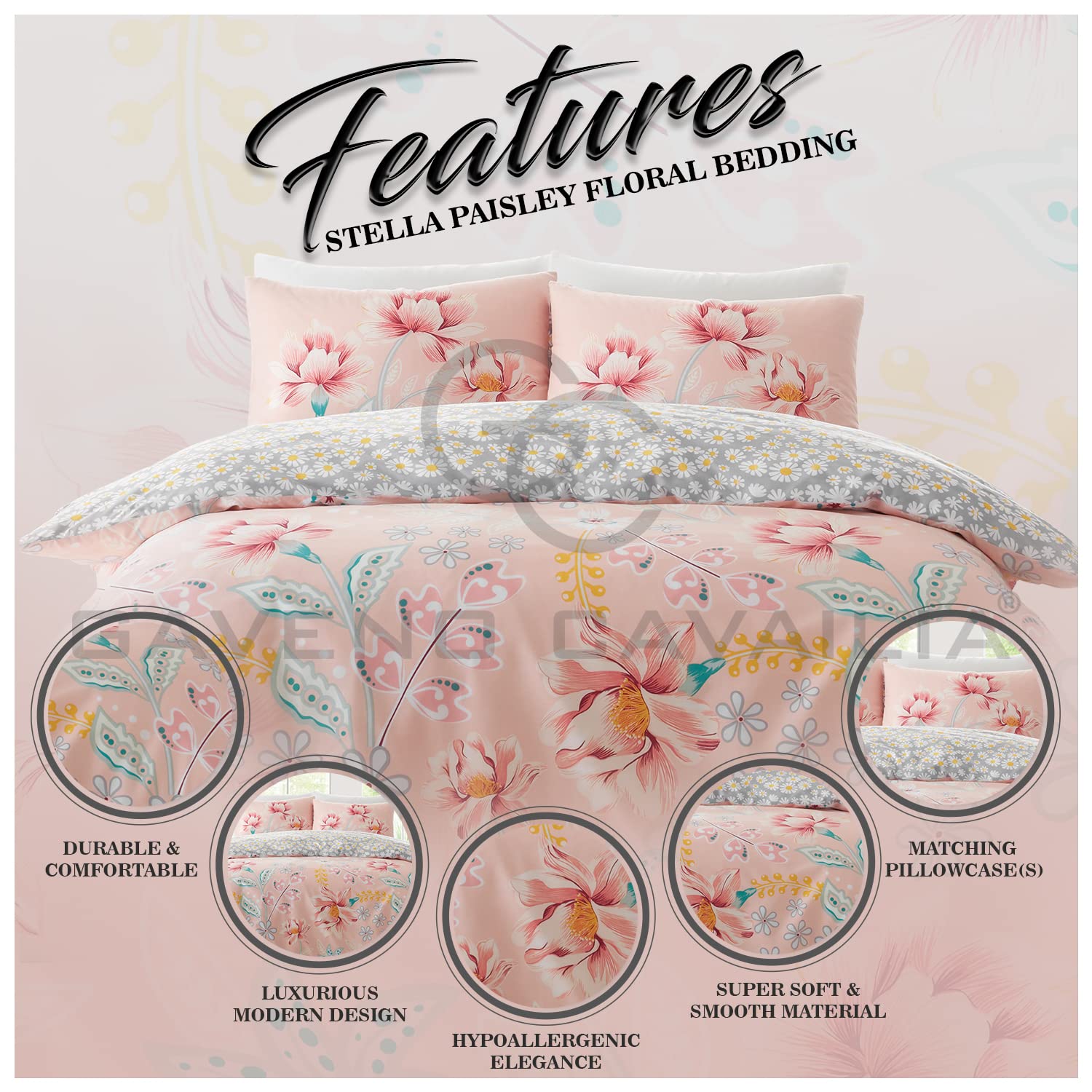 GC GAVENO CAVAILIA Reversible Floral Duvet Cover, Daisy Double Bedding Set - Image 3