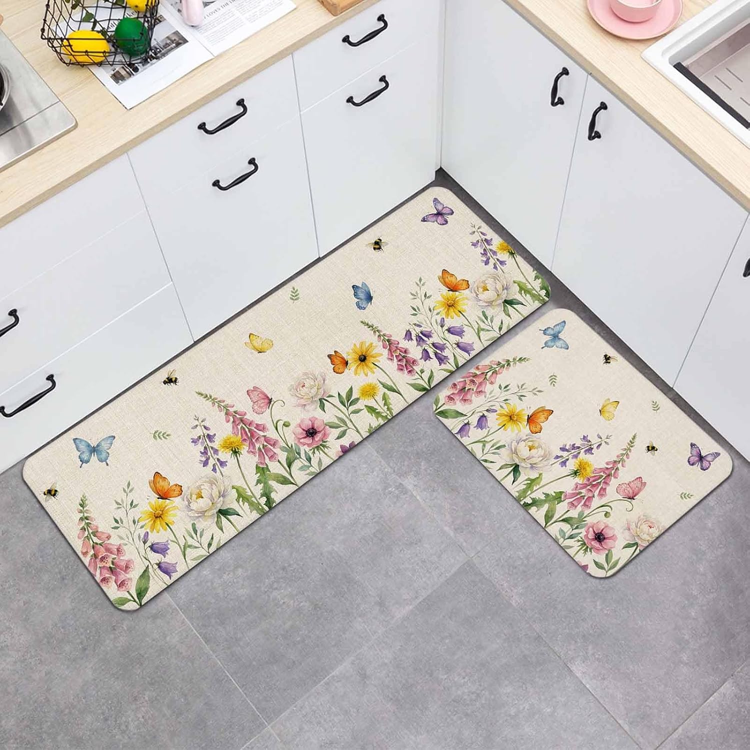 Summer Flower Kitchen Mat Set 2 Pieces Spring Pink Floral Colorful Butterfly Linen Texture Non Slip Kitchen Rugs Washable Runner Rug Mats for Floor Sink Laundry Office 15.7" x 23.6"+15.7" x 47.2"