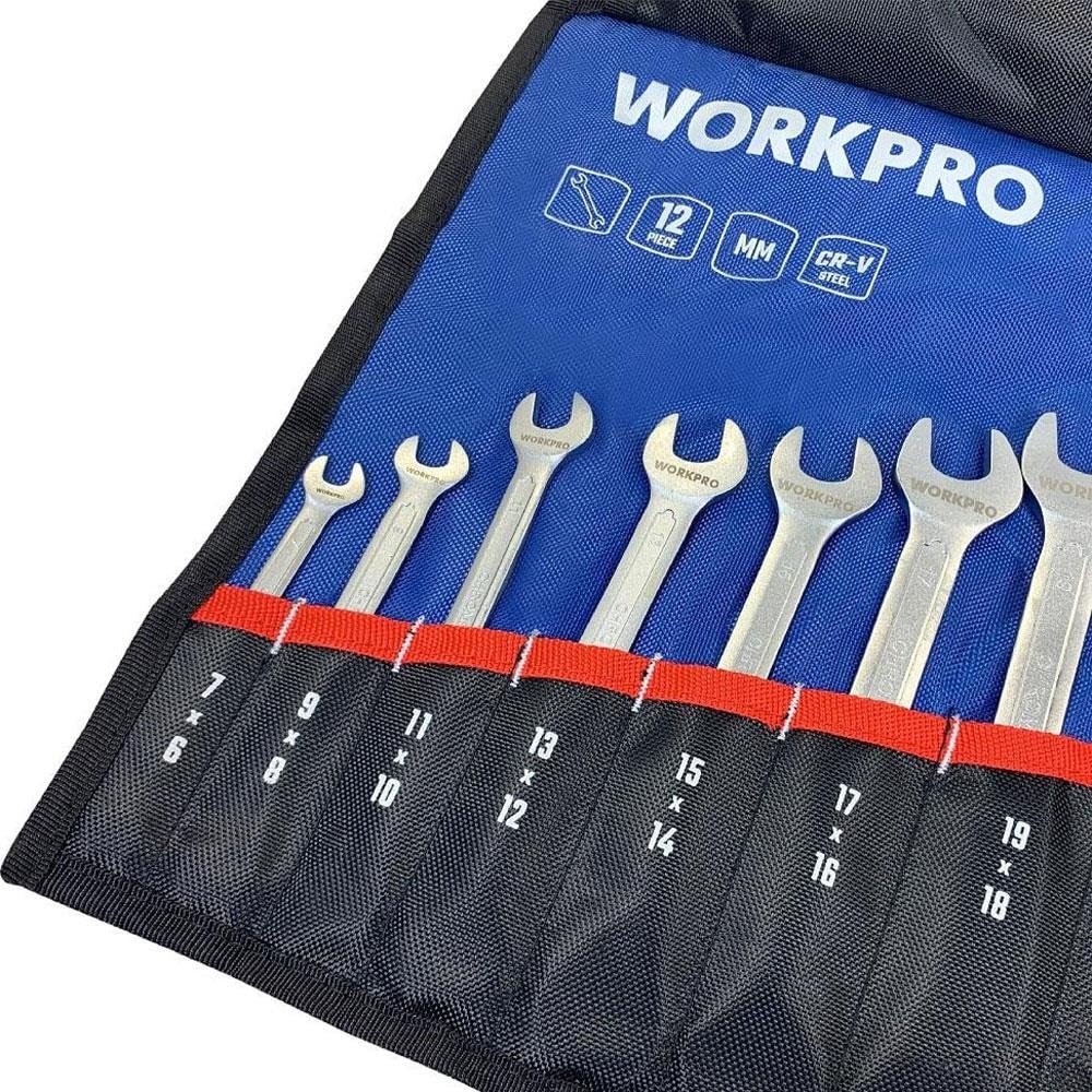 WORKPRO WP202507 6-32 mm 12-częściowy profesjonalny zestaw kluczy płaskich CR-V z otwartą klapką + materiałowa torba do przenoszenia