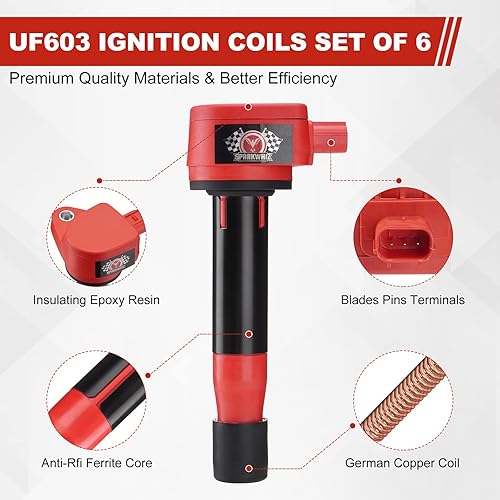 Miniatura 4 de Juego de 6 bujías iridio y kit de bobina de encendido UF603, compatible con Odyssey Accord Crosstour RL TL TSX 2008, 2009, 2010, 2011, 2012, 2013,