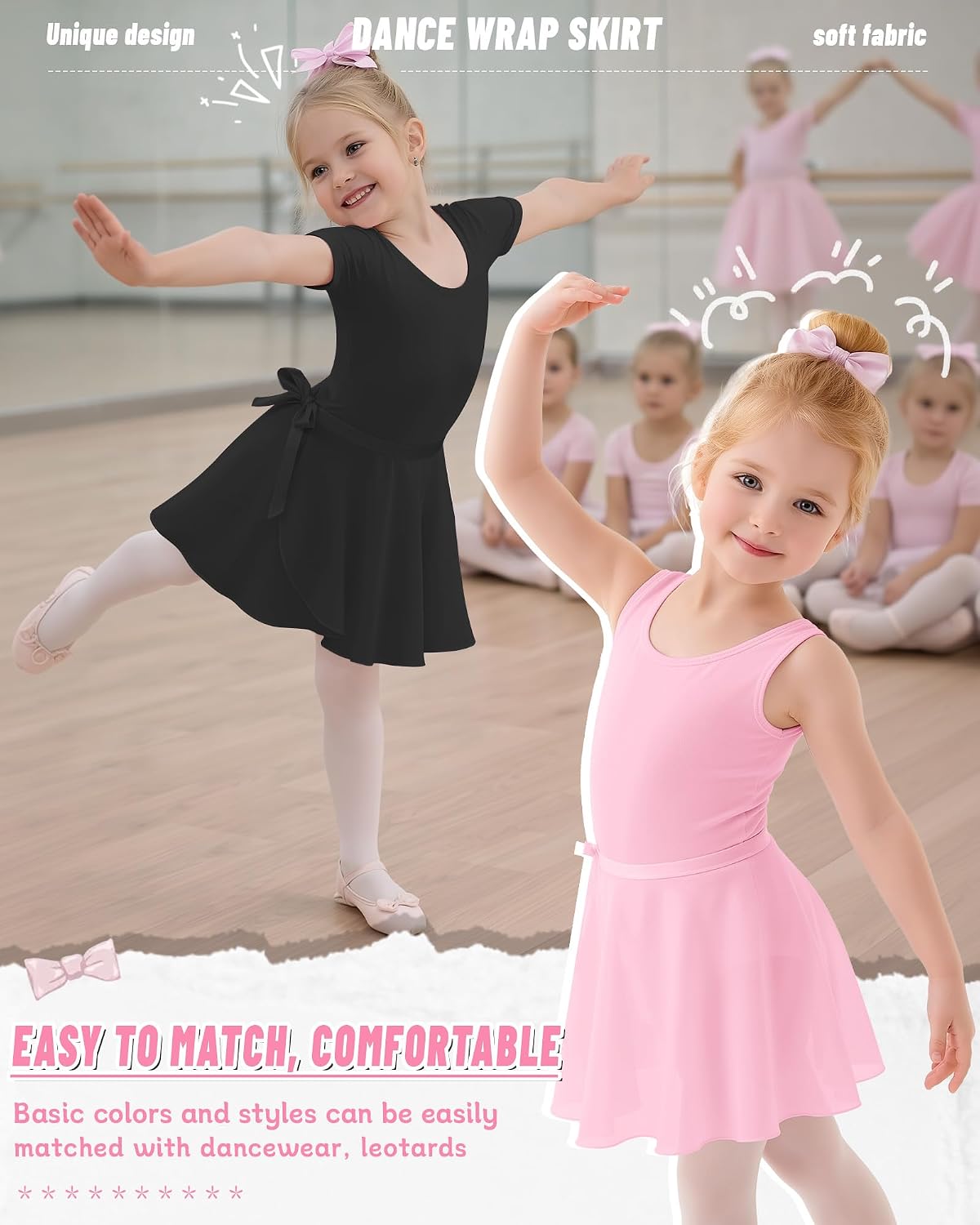 3 Pack Girls' Ballet Skirts Sheer Chiffon Dance Wrap Skirt Toddler Tutu Fluffy Dress with Adjustable Waistband