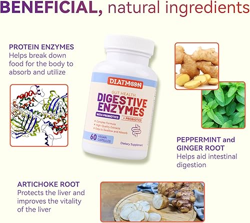 Miniatura 6 de Enzimas digestivas con probióticos y prebióticos  Enzimas múltiples para una mejor digestión, apoyo a la salud intestinal, 60 cápsulas sin OMG,