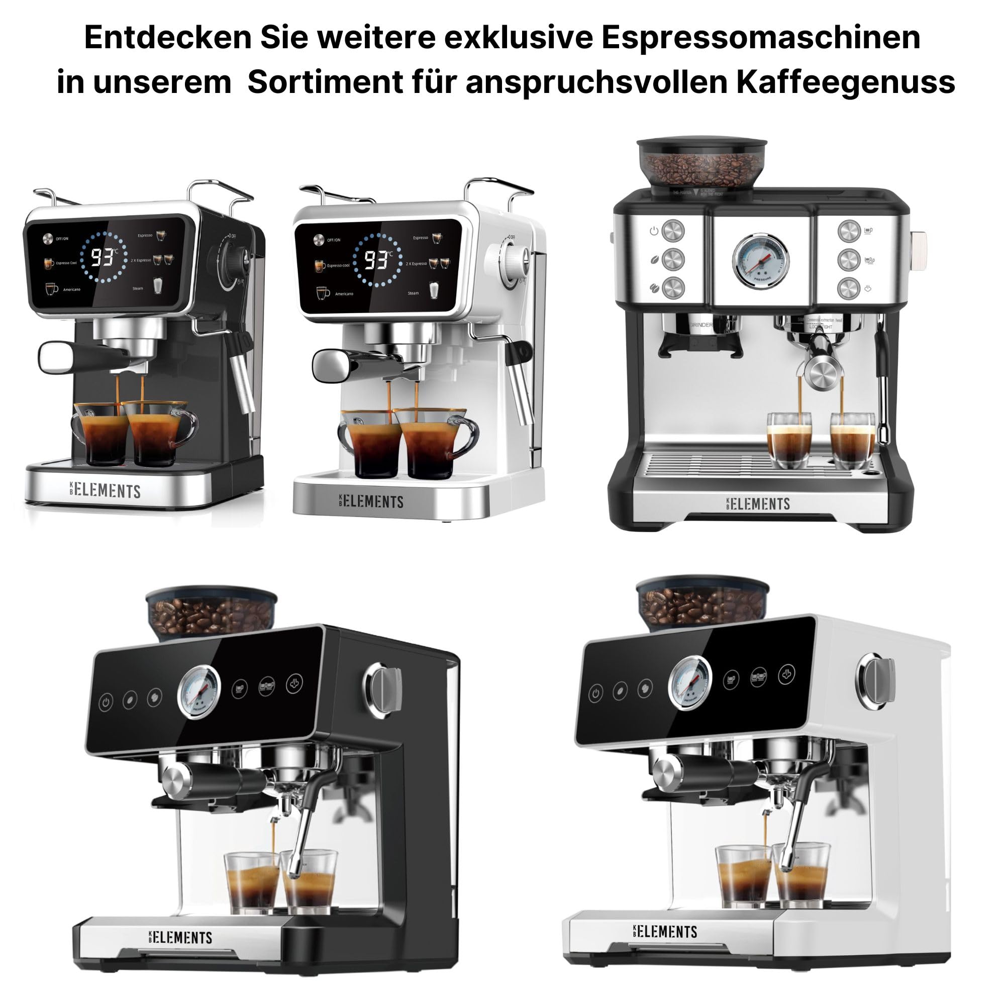 KB-ELEMENTS - Macchina per caffè espresso con macinino integrato, 20 bar, macinino professionale, serbatoio dell'acqua da 2,6 l, testa di estrazione da 58 mm, argento