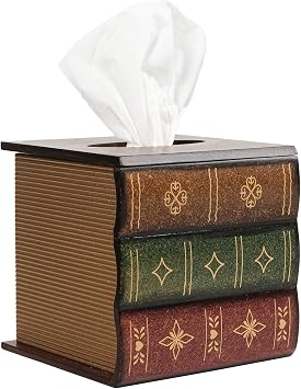 Crafted Classical Retro Wooden Antique Book Tissue Box Cover Square Tissue Holder Dispenser Paper Cover Case Napkin Holder Home Decor for Bathroom Living Room Office car Kitchen Brown