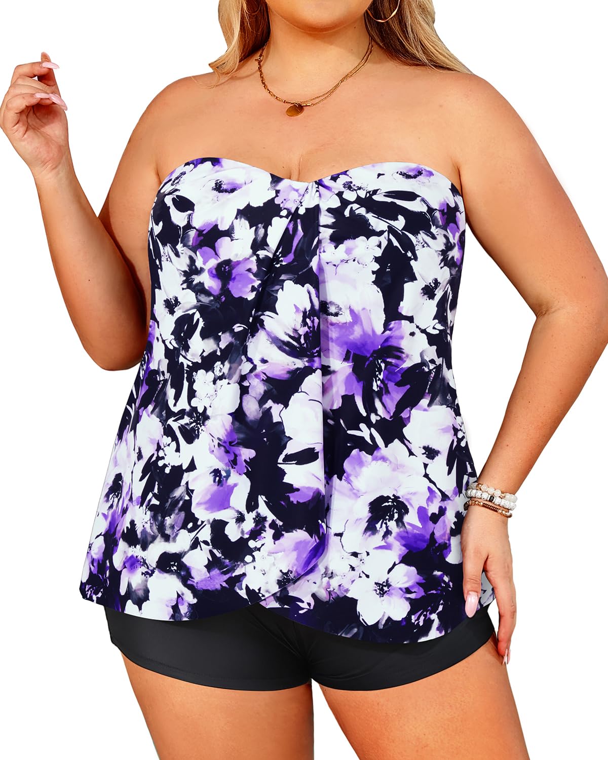 Photo 1 of ** shorts only**
Daci Plus Size Bandeau Tankini Swimsuit for Women Two Piece Halter Swim Top with Shorts Purple Floral Tummy Control Bathing Suits 22  Plus
