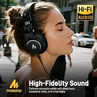 MAONO Studio Monitor Mixing DJ Headphones, 50mm Driver Professional Over Ear Wired Headset with 3.5mm to 6.35mm Jack for Guitar AMP, Piano, Music Production, Keyboard, Recording, Podcast, MH700 Black