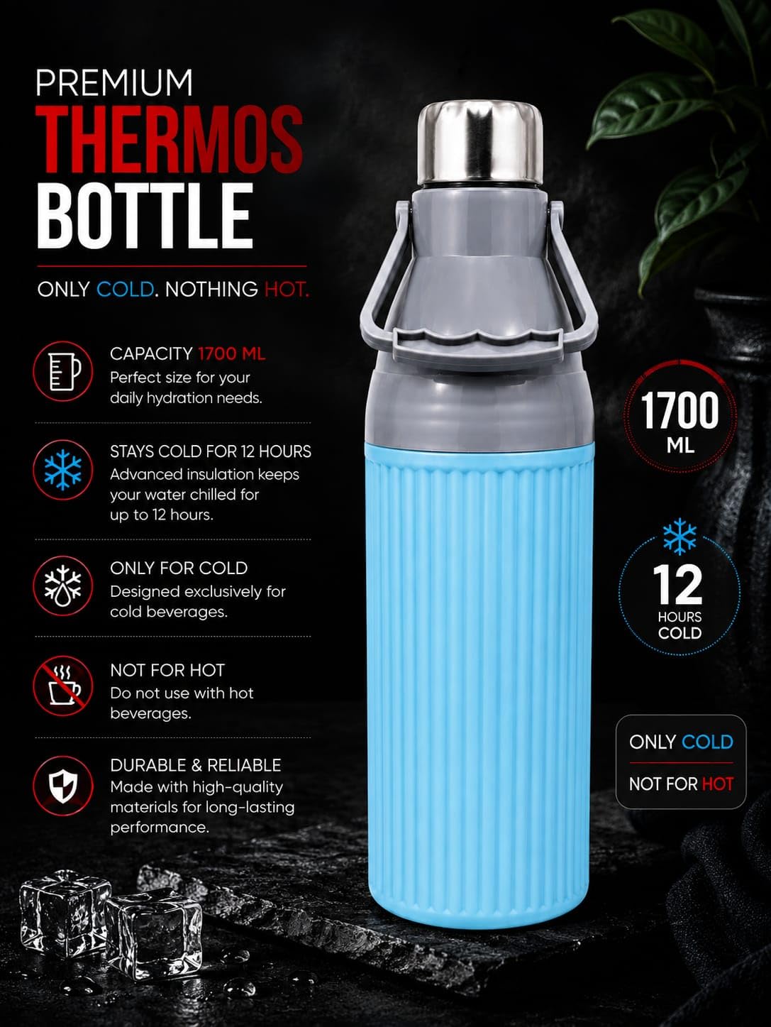 Large Insulated Water Bottle - 1700ml Cold Water Bottle -4
