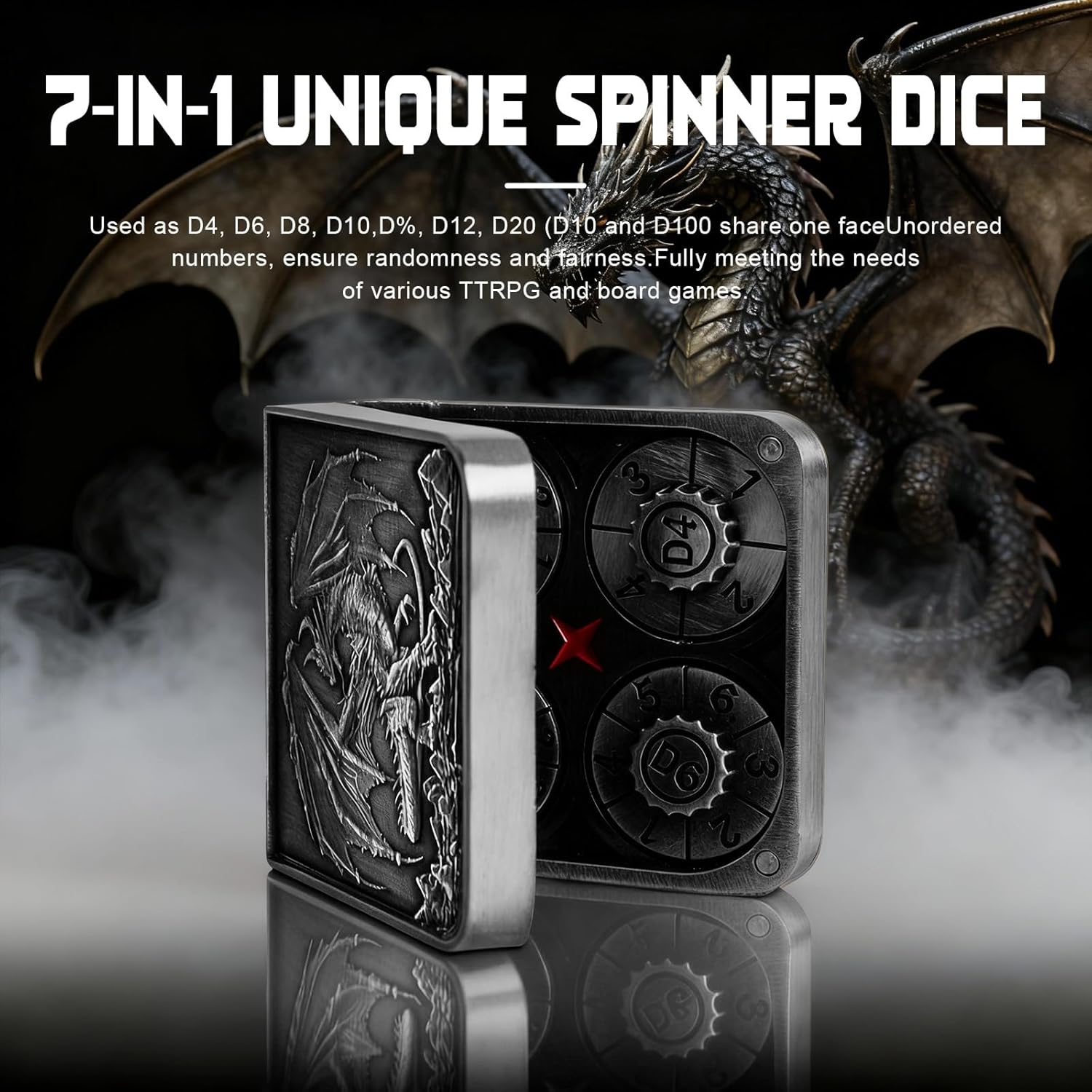 7-in-1 DND Pocket Spinner Dice Set, Foldable Flip Dice with Delicate Dragon Iron Box, Compact Dice Set for DND Role-Playing Games Fans (Silver)