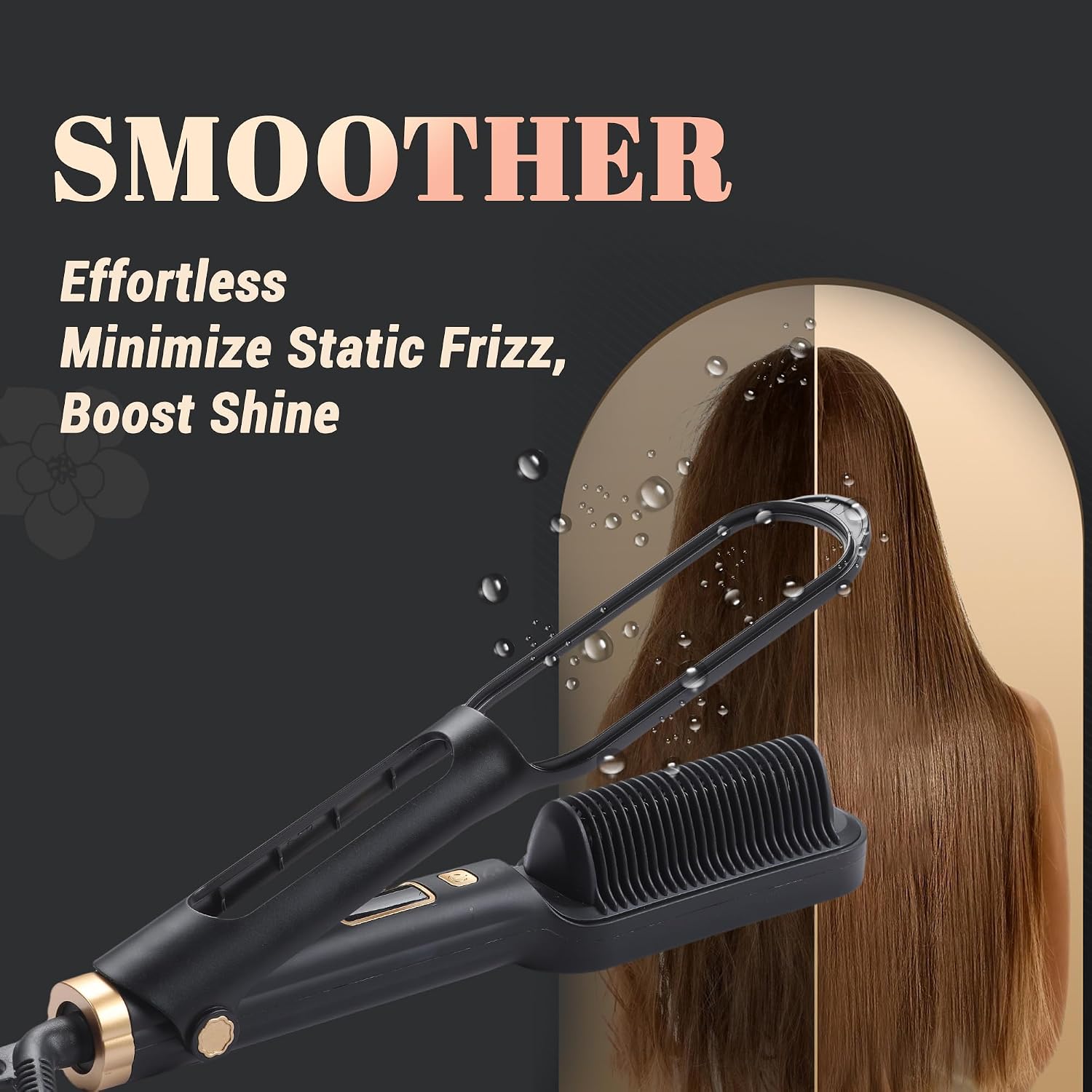 Hair Straightener Brush, Hair Straightening Iron with Dense Bristles, Ceramic Flat Iron Comb for Woman, Fast Heating, Dual Voltage, 30+ Temps, for All Hair Types, Black