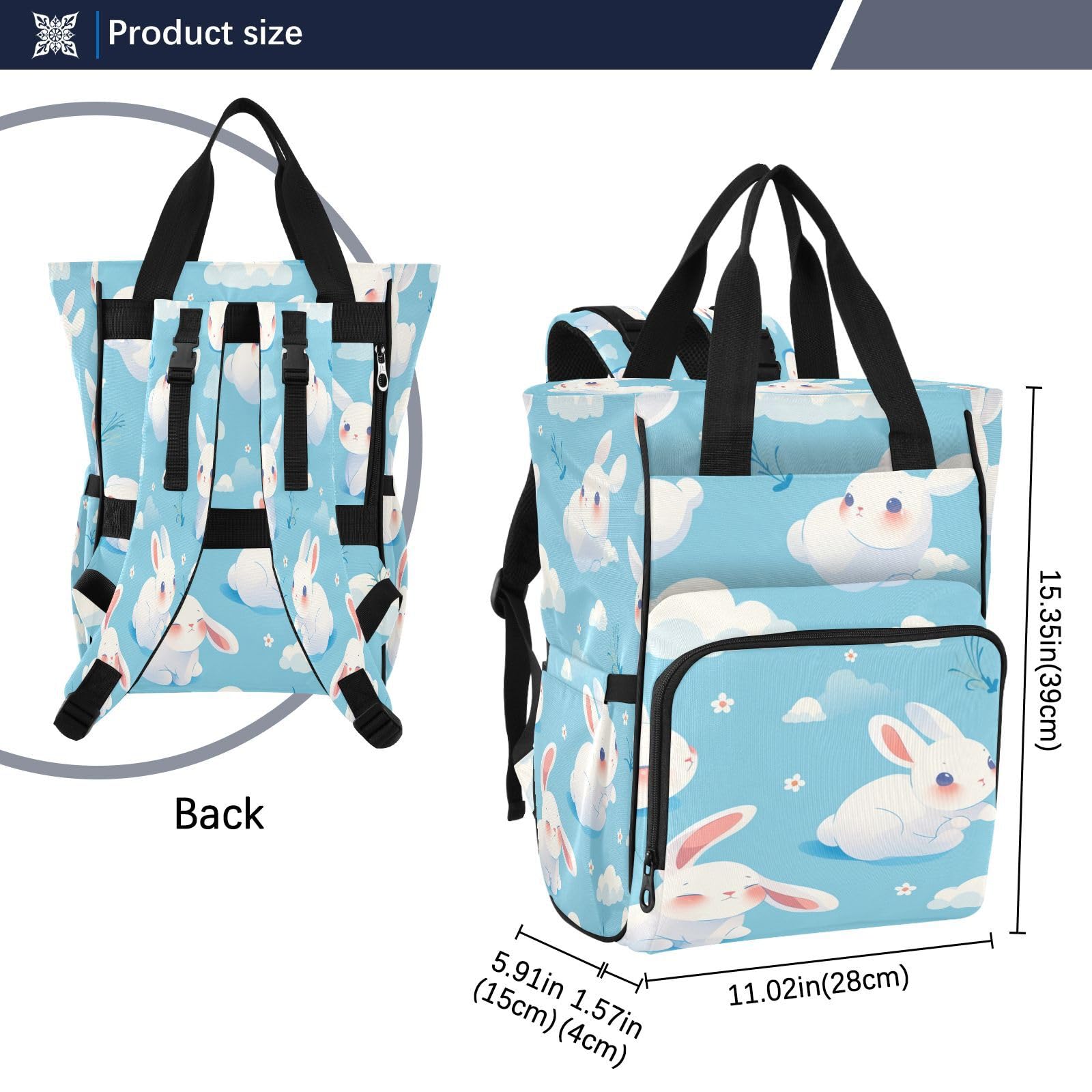 Lindo Conejo Blanco Bolsa de Pañales Mochila de Viaje Gran Capacidad Bolsas para Mamá Papá Mujeres Niñas