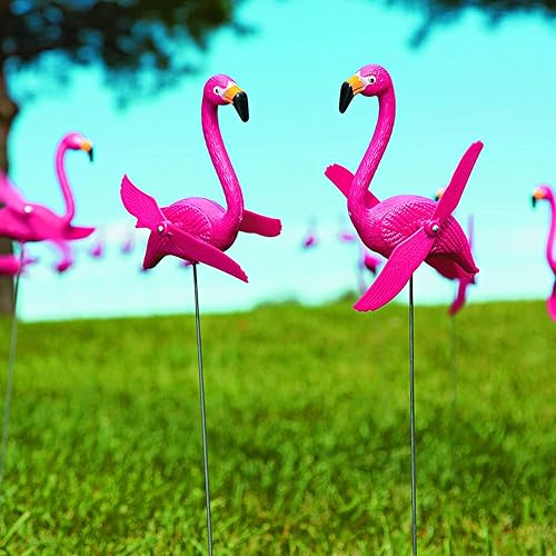 Miniatura 2 de Fun Express Adornos de mini flamencos rosados para patio, juego de 6 hilanderos de viento, decoración de flamencos con alas giratorias