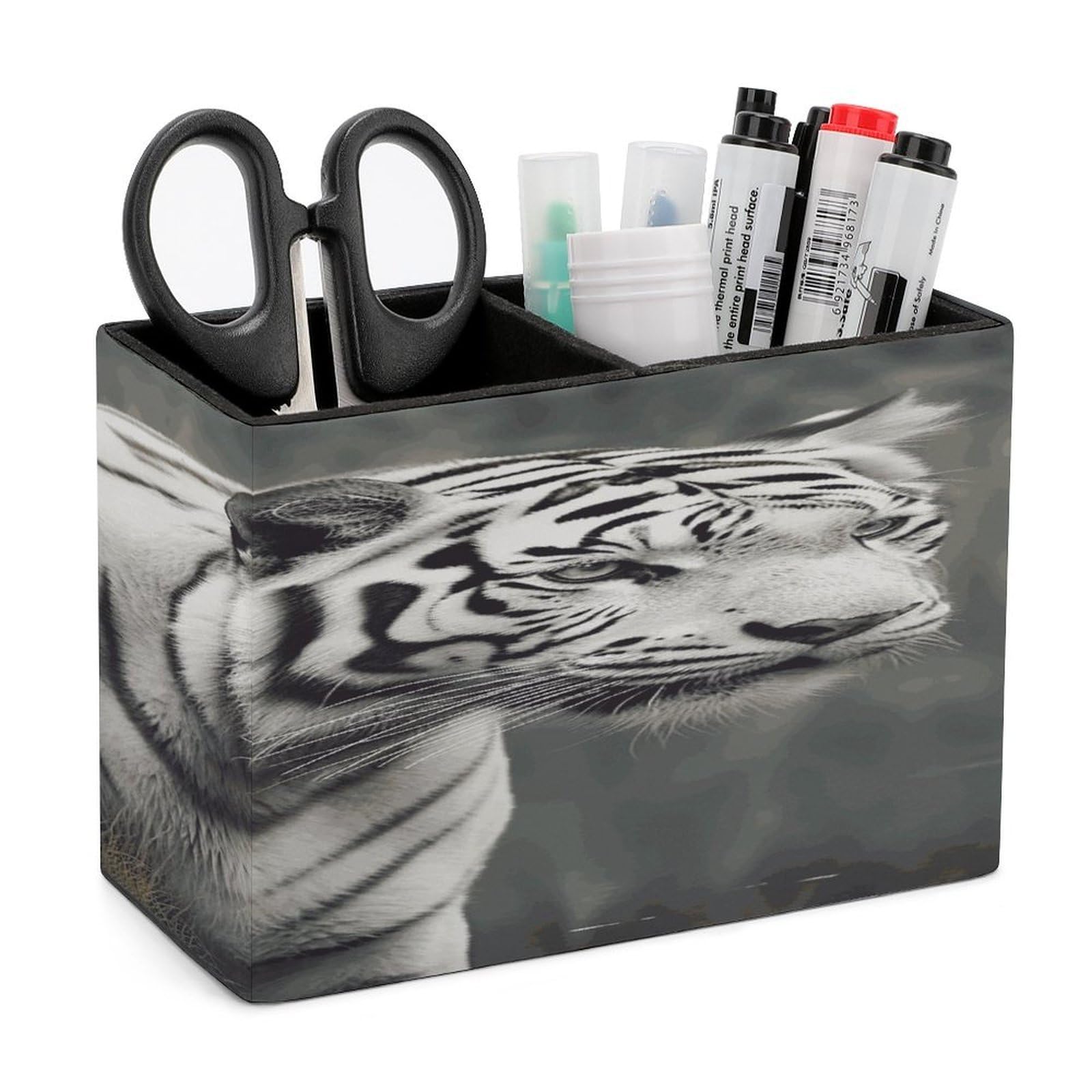 FekiLoot White Tiger Pen Holders for Desk Small Remote Control Holder Leather Pencil Cup with Double Compartments Desktop Organizer for Table Desk Office Space Saving