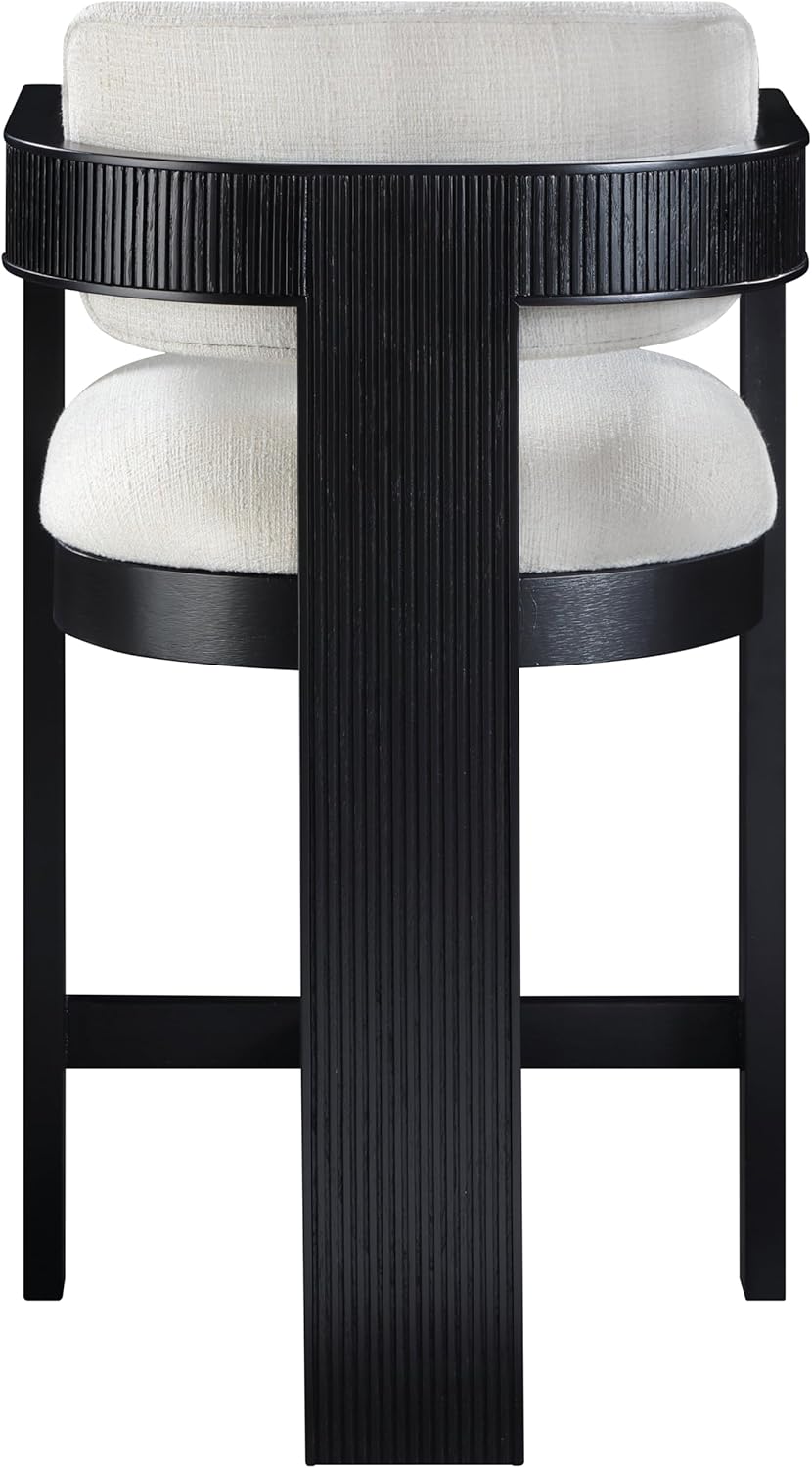 Meridian Furniture 11075Cream-C Sacha Collection Art Deco Stool with Rich Cream Linen Textured Fabric, Two Tone Weave, Solid Wood Black Finish, Fluted Wood, 20.5" W x 21" D x 37.5" H, Cream