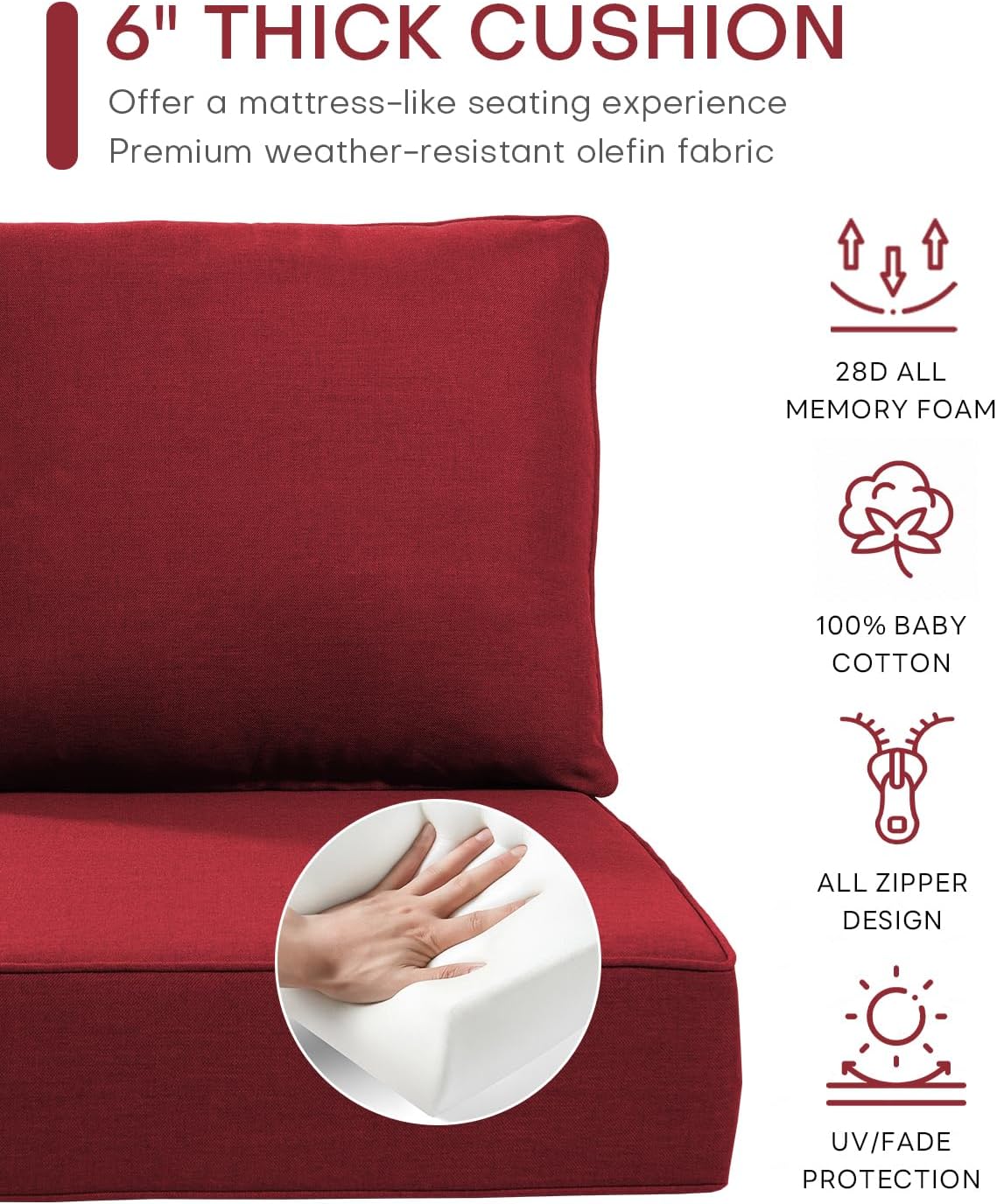 Luxury 24x24x6 Inch Outdoor Deep Seat Cushions Set of 6 - Comfortable Patio Zipper Chair Cushion for Outside Sets Wicker Dining Rocking Swivel Chairs Loveseat Couch Sectional Sofa - Red