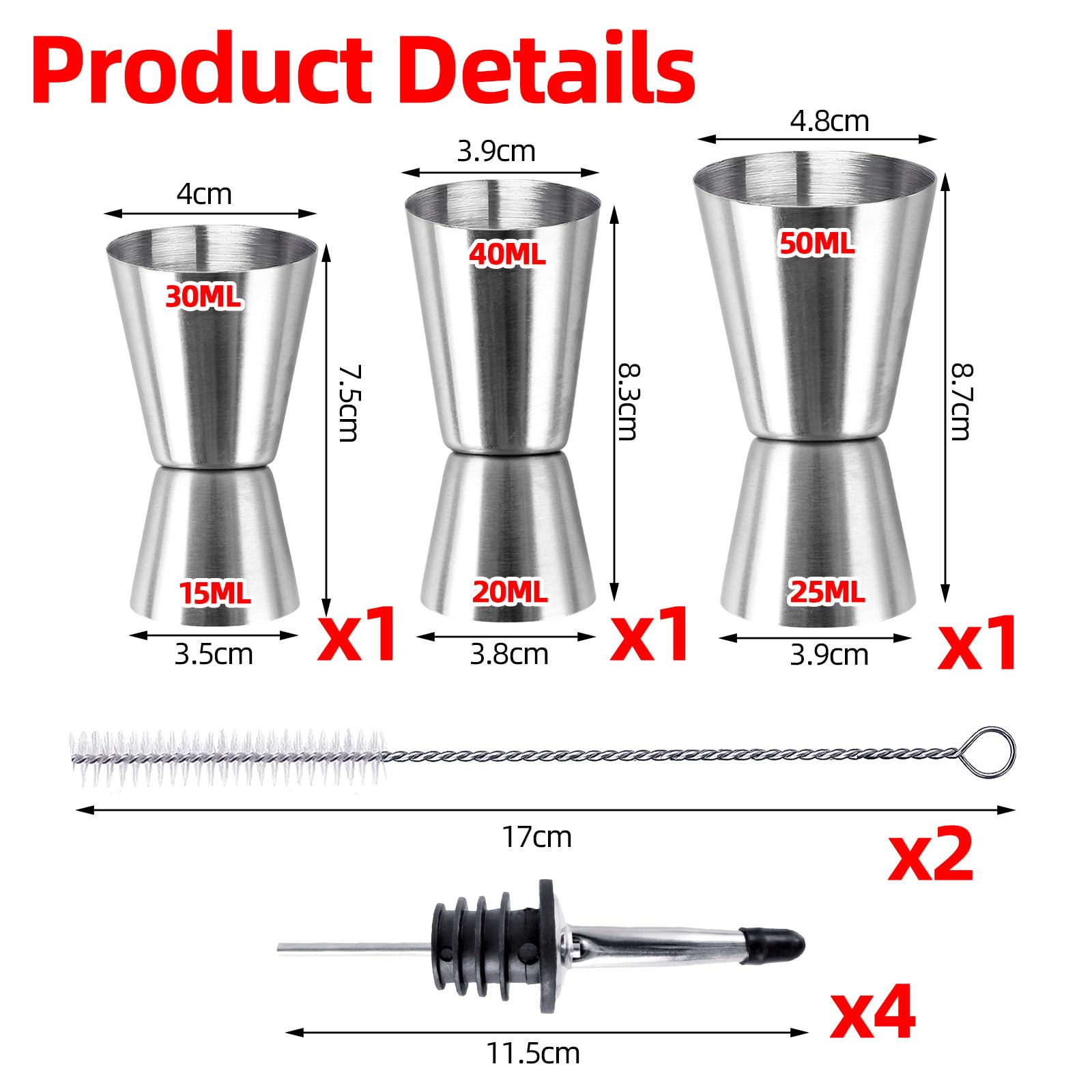 RUIJIE 3 Pièces Doseur Cocktail 30/50/70ml Double Doseur à Alcool En Acier Inoxydable Tasse à Mesurer Avec 4 Verseur De Vin Bouteille & 2 Pinceaux Mesure Jigger Pour Bar Maisons Fête Vin