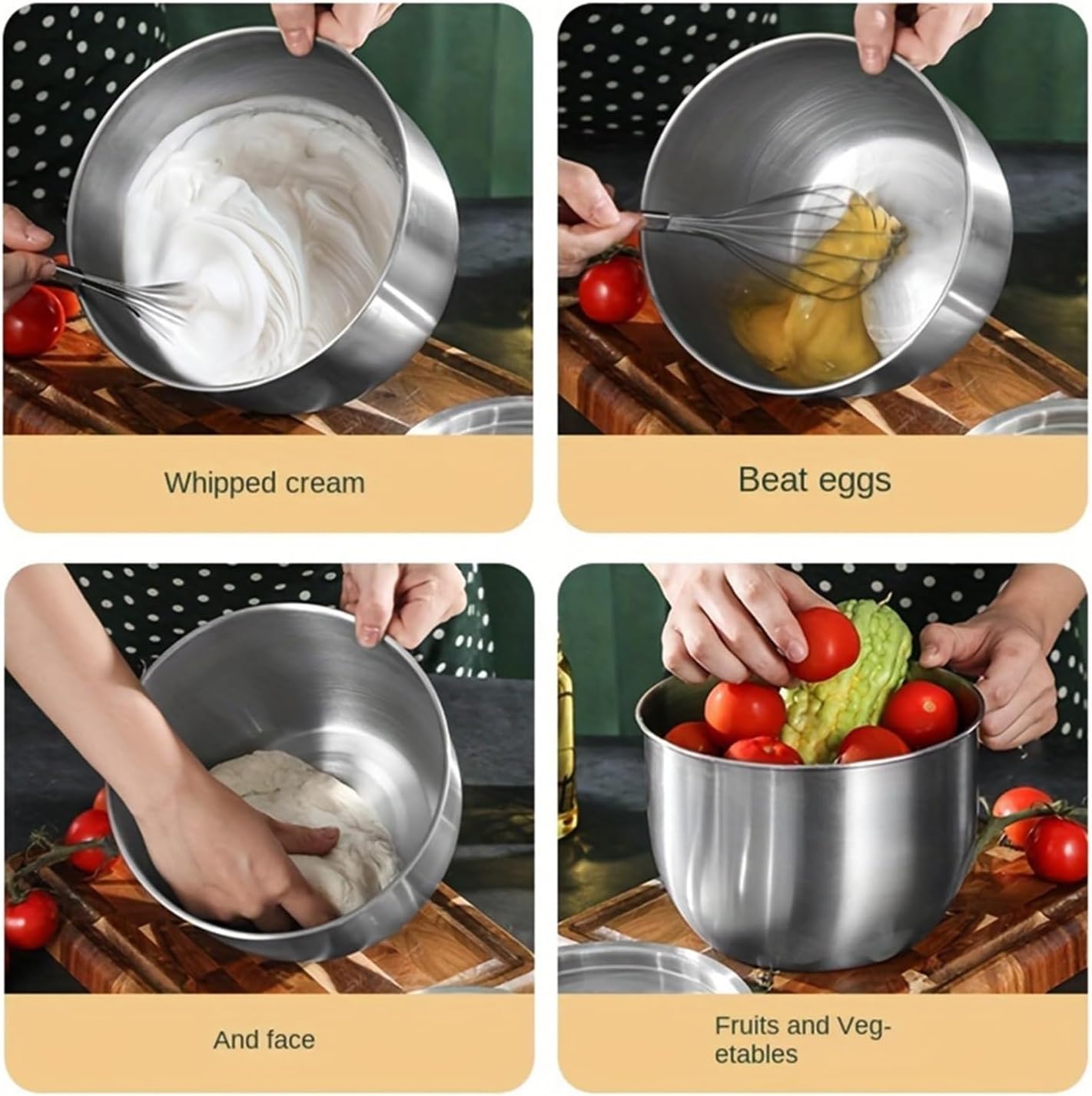 Stainless steel mixing bowl set with lid, egg beater, kneading, thickened and deepened round soup(Silver 4pcs)
