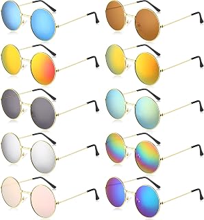 10 Pairs Round Hippie Sunglasses Circle Colored Sunglasses 60's Style Glasses Circle Glasses for Women Men (Gold Frame)