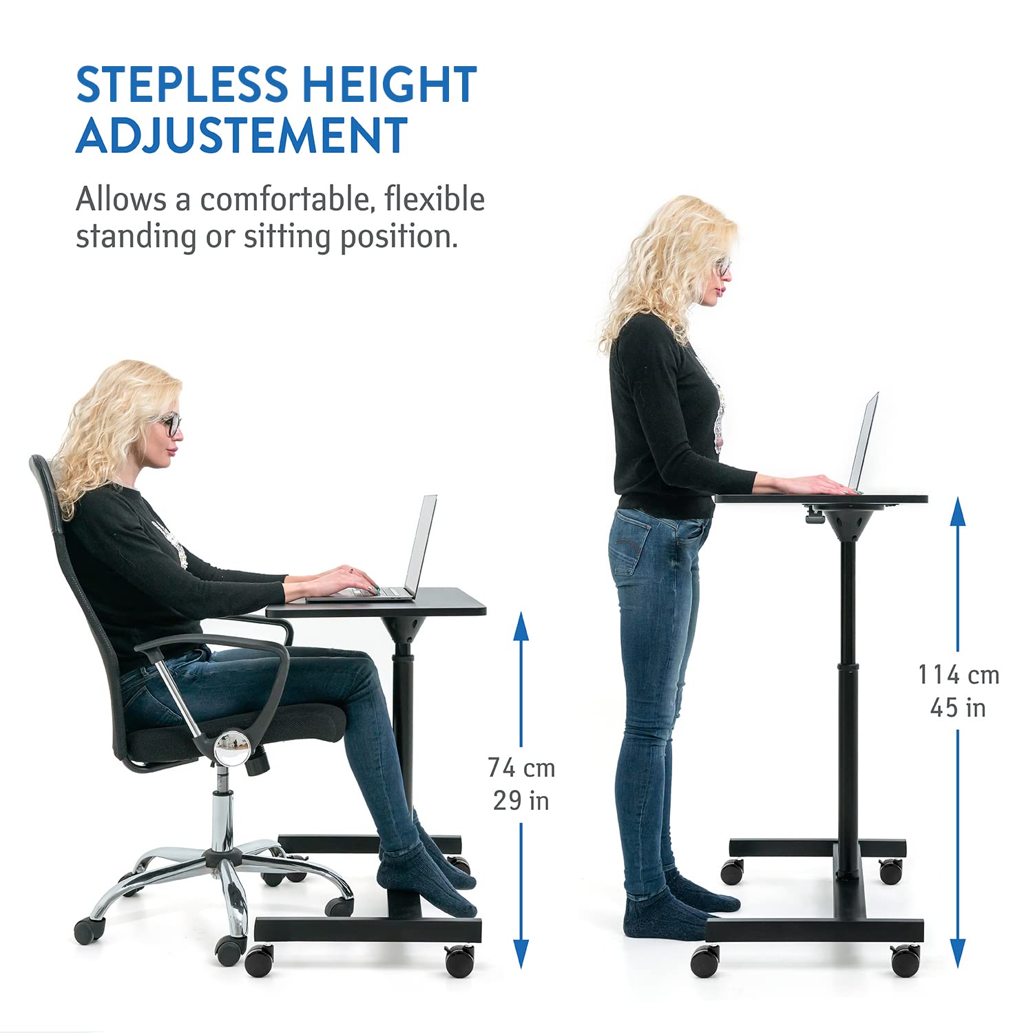 Tatkraft Focus - Laptoptisch Höhenverstellbar, 74-114 cm, Airlift Pneumatischer Sitz-Steh, mit Rädern, große Tischplatte Geeignet bis 19” Laptops