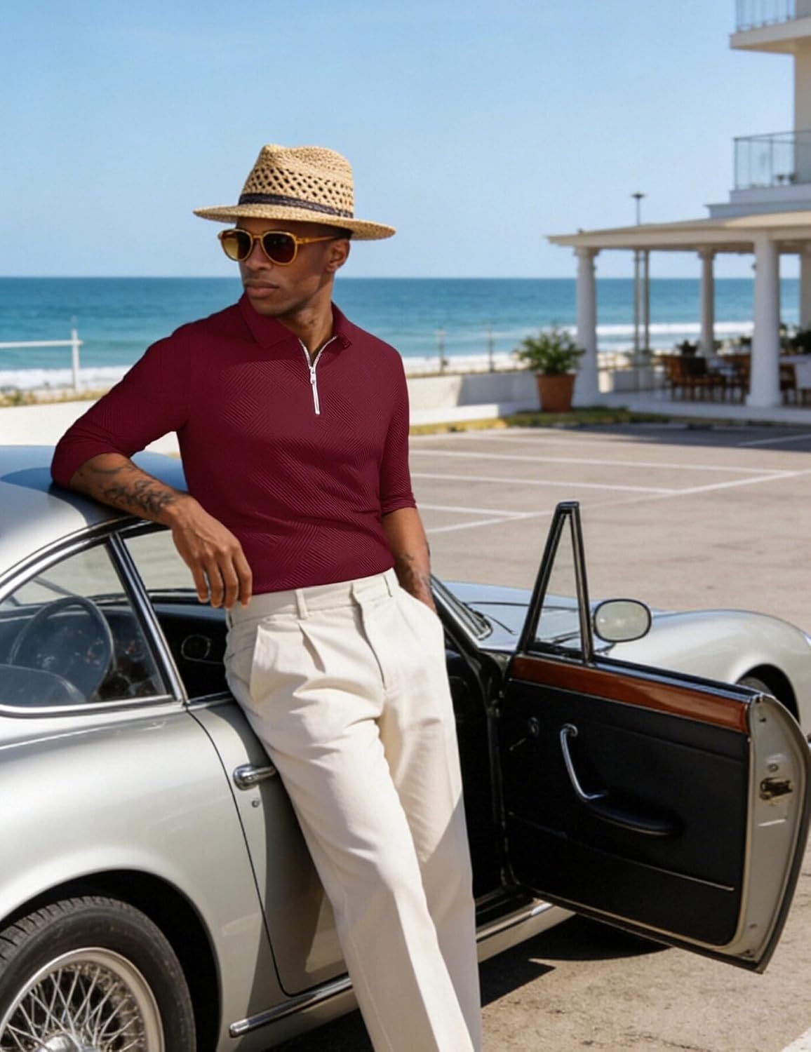 UOUA Men's Polo Shirt Quarter Zip Tops Soild Casual Geometric Texture Long Sleeve Sweaters Pullover Golf Sweatshirts - Image 3