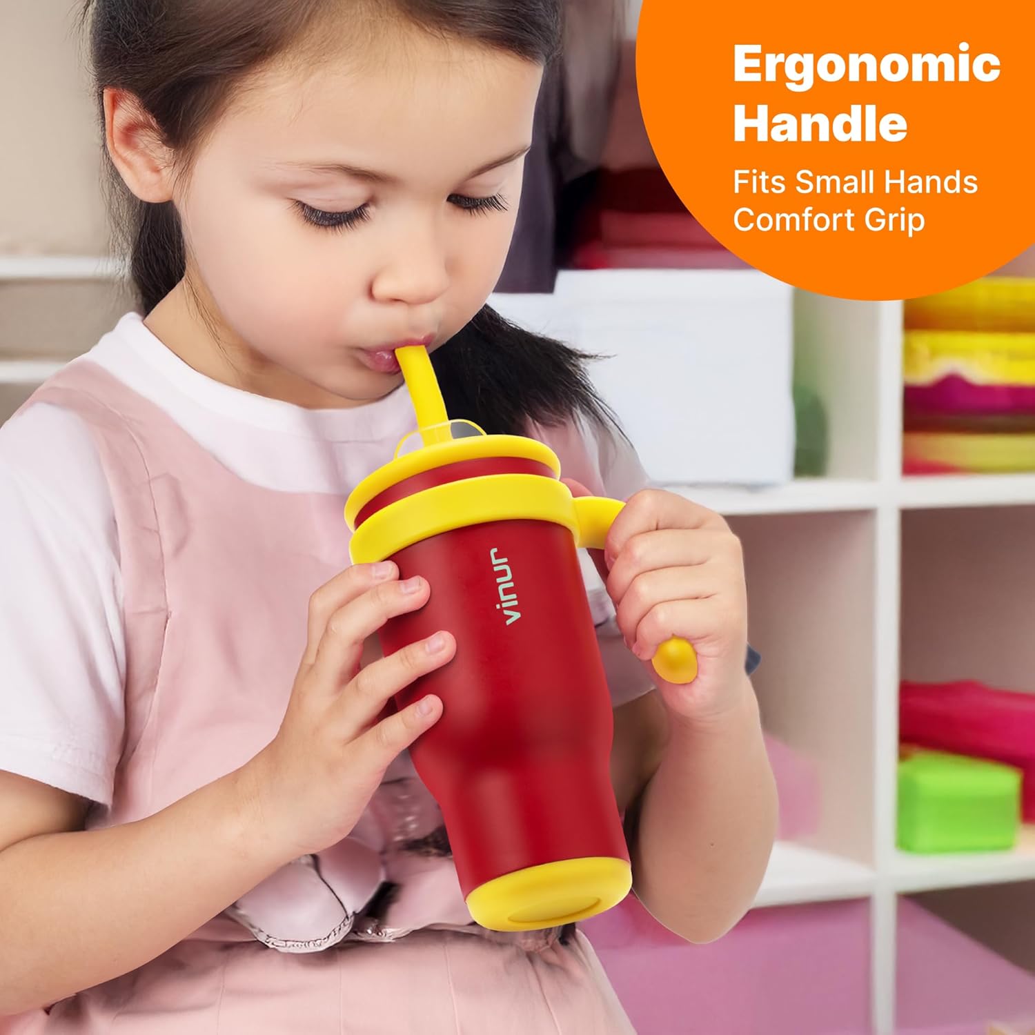 VINUR Insulated Tumbler with Handle 17 oz Stainless Steel Double Wall Vacuum Tumbler Travel Water Cup with Lid and Straw(Canyon Red) - Image 2