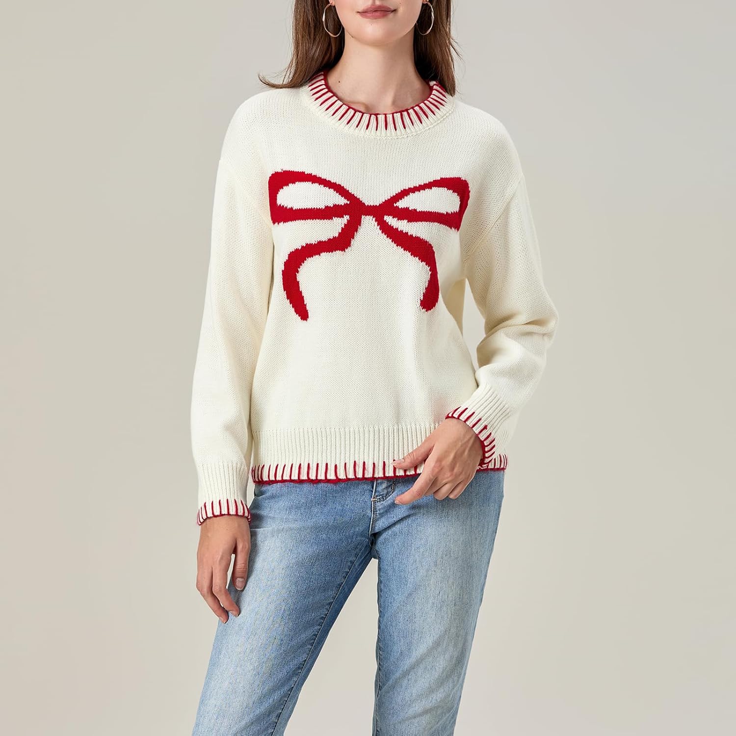 Women Bow Sweater Y2k Crewneck Long Sleeve Knitted Pullover Teen Girls Oversized Sweaters Cute Fall Tops - Image 3