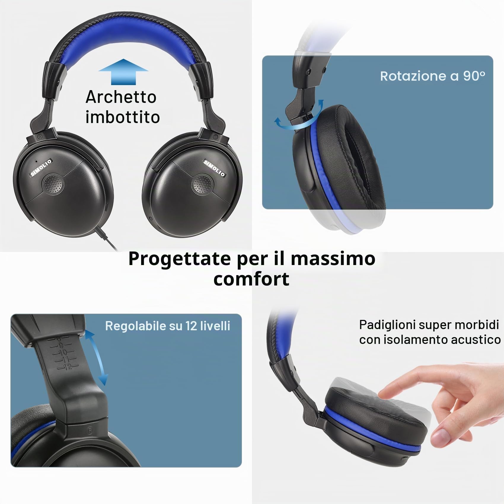 SIMOLIO Cuffie con cavo extra lungo per TV con volume amplificato e dialogo chiaro, cavo a bobina lungo 5,5 m, cuffie over-ear cablate per TV per anziani con controllo del volume e clip, 40 ore di