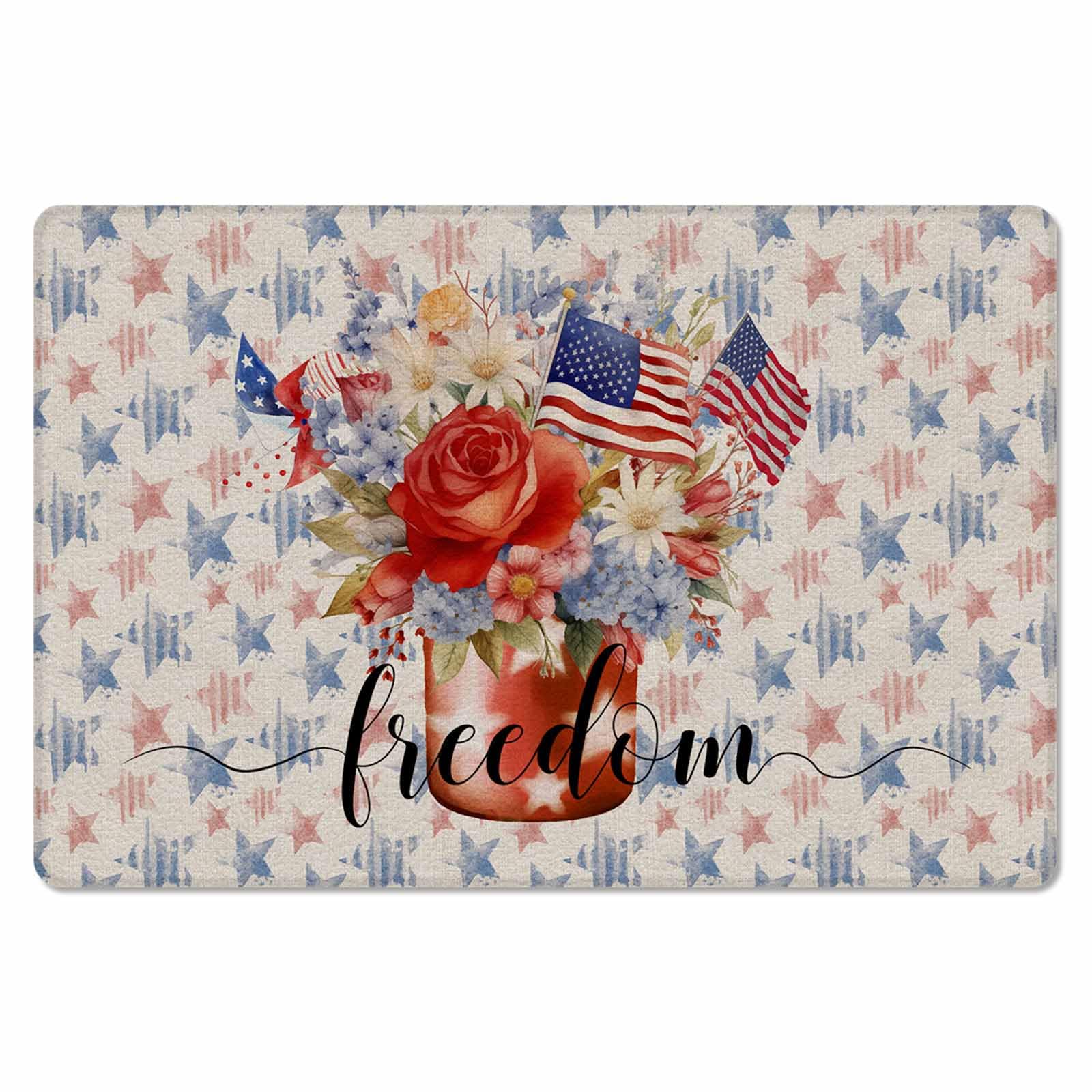 Independence Day Antifatigue Kitchen Bath Door Mat Cushioned Runner Rug,Washable Welcome Floor Sink Mat,Waterproof & Non-Slip Kitchen Standing Doormat,Patriotic Memorial Stars Floral Farmhouse 18