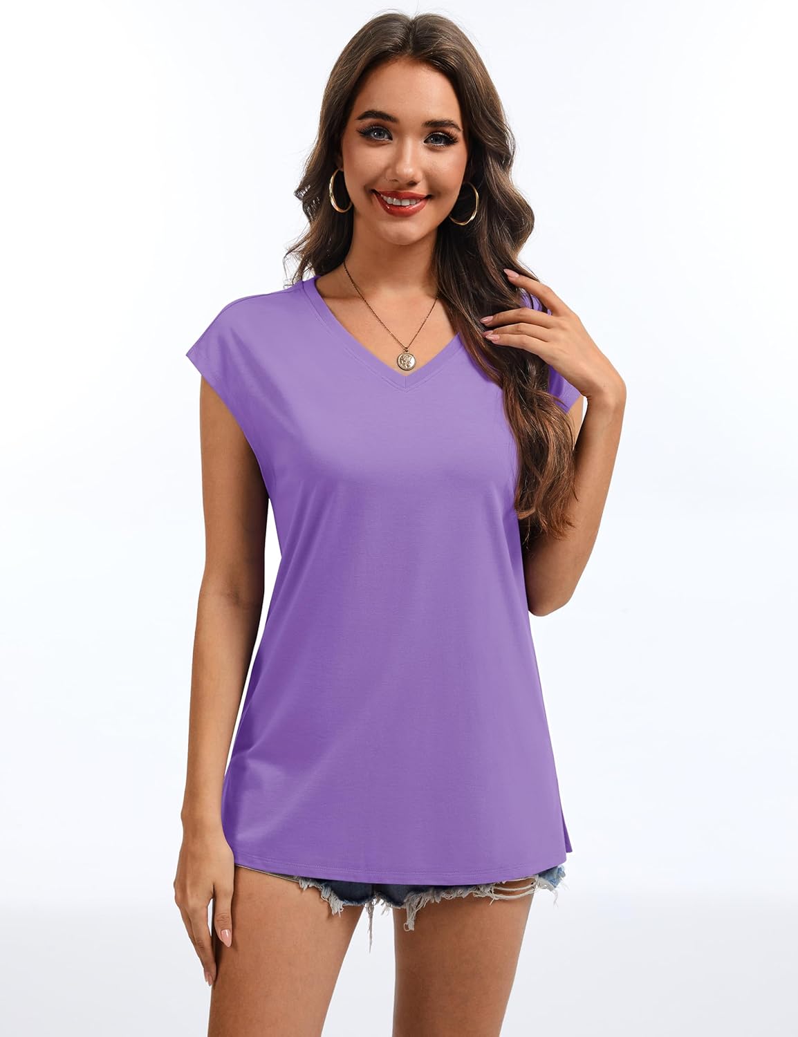 YUCOLEN Women's Cap Short Sleeve Tunic Tops V Neck Cotton T-Shirts UPF50+ Soft Breathable Summer Basic Tee - Image 3