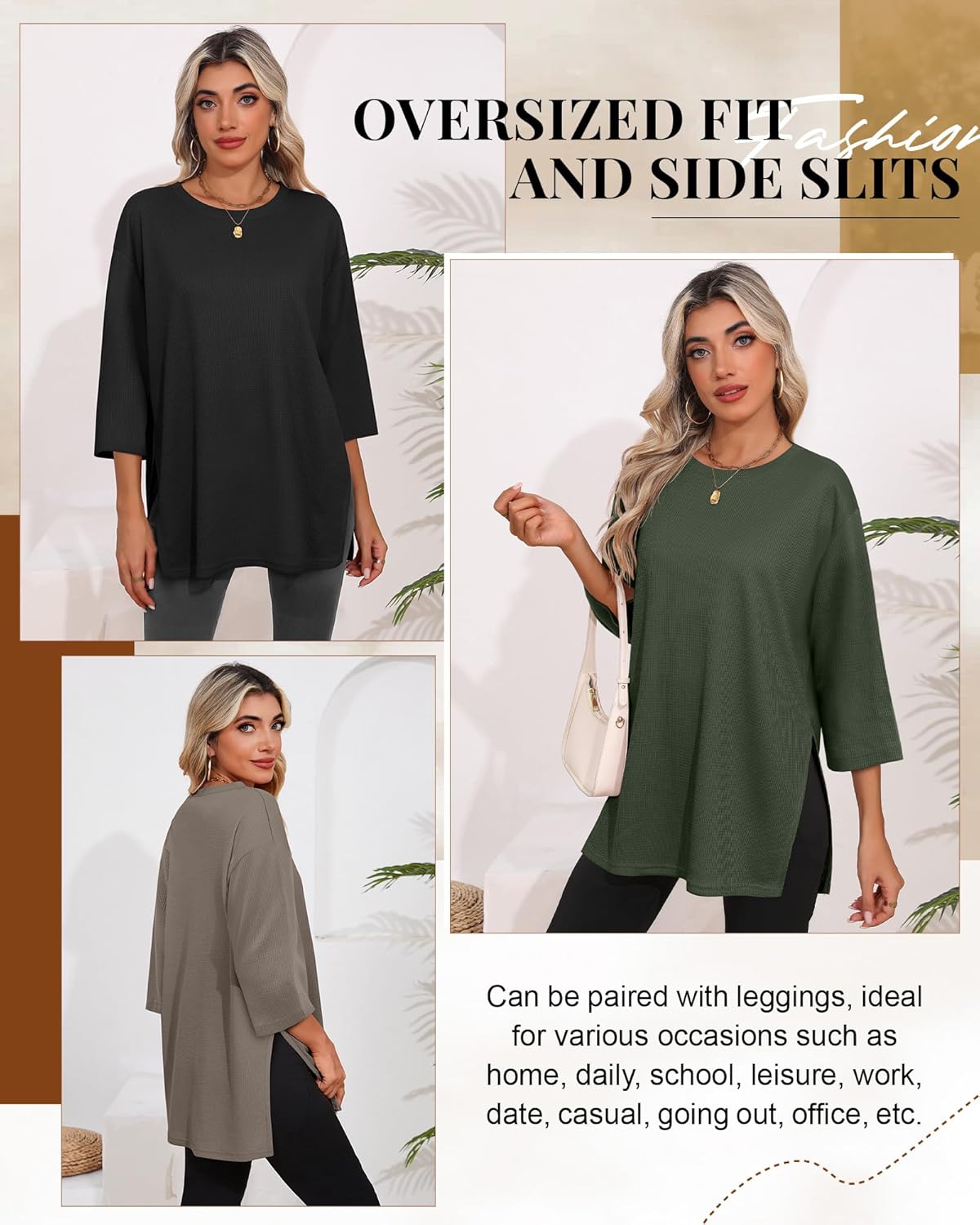 3 Pack Women's 3/4 Sleeve Waffle Knit Tops Oversized Crewneck T-Shirts Loose Casual Blouses Side Split Tees - Image 3