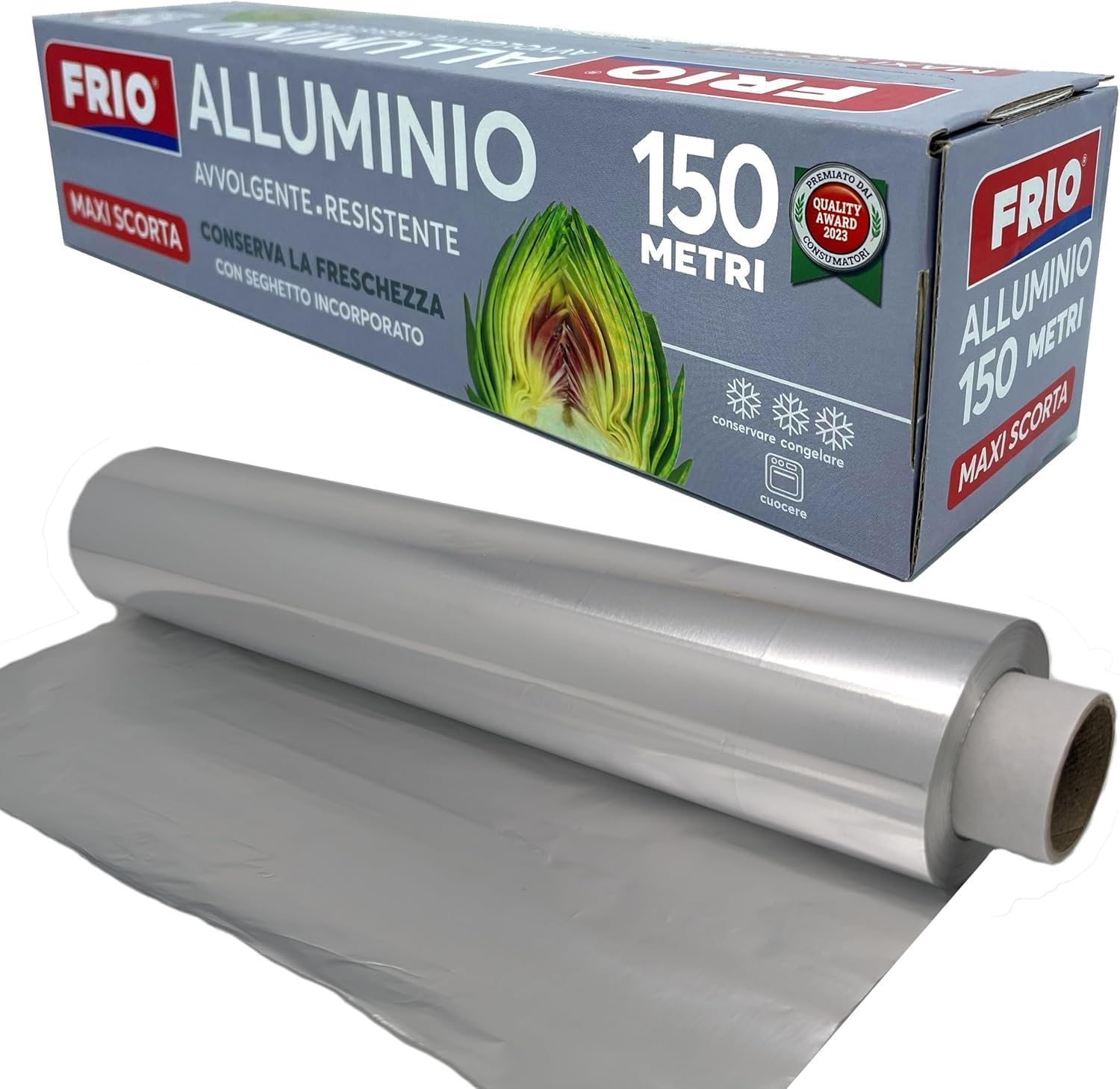FRIO - Rotolo Alluminio per Alimenti, carta alluminio 150 metri con Seghetto Incorporato, larghezza 29,5 cm per cucina professionale, carta argentata confezione scorta passa dal gelo al frigo al forno