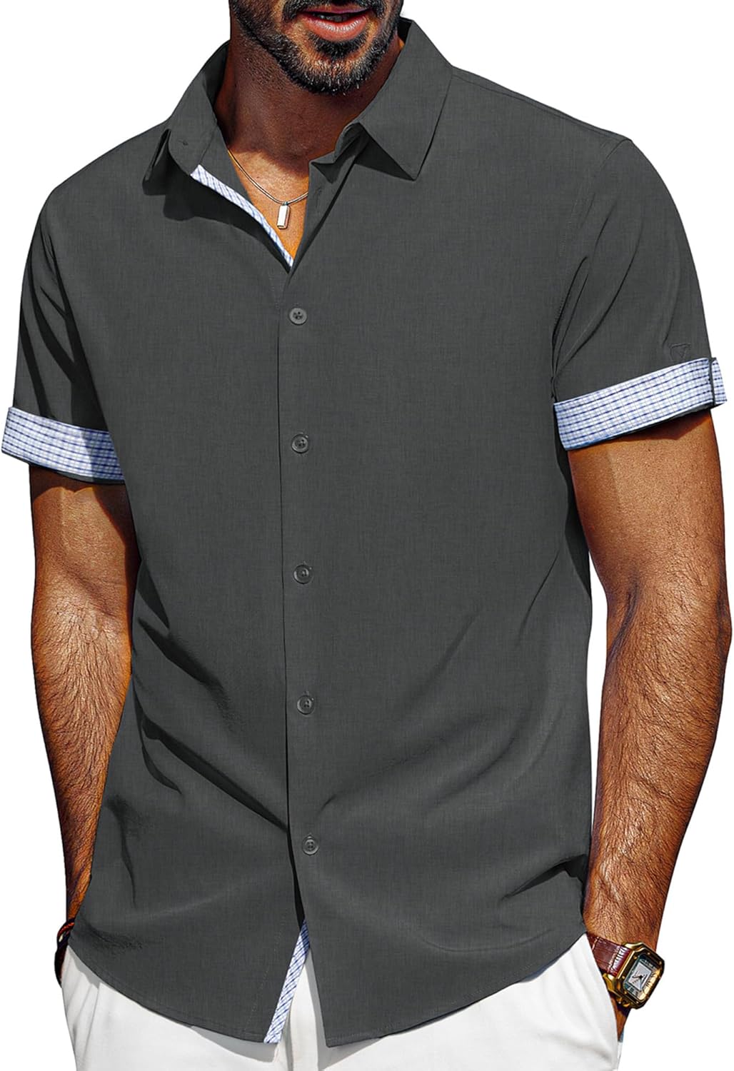 PJ PAUL JONES Men's Short Sleeve Button Down Shirt Wrinkle Free Casual Summer Beach Shirts with Plaid Contrast Flip Cuffs Carbon Gray Large