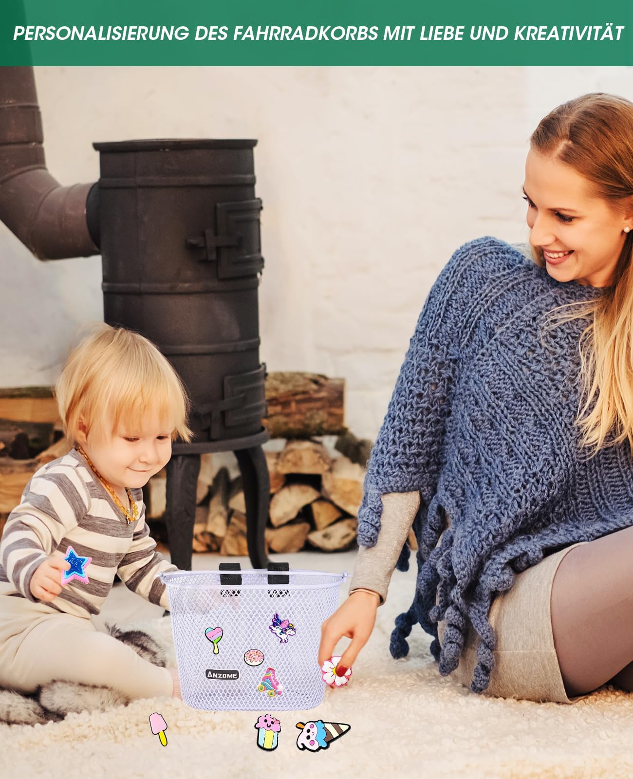 ANZOME Fahrradkorb Kinder, Metall Fahrradkorb vorne Kinder für Mädchen Jungen, Lenkerkorb mit Klettverschlüsse wasserdicht abnehmbar Geschenke für Kinder