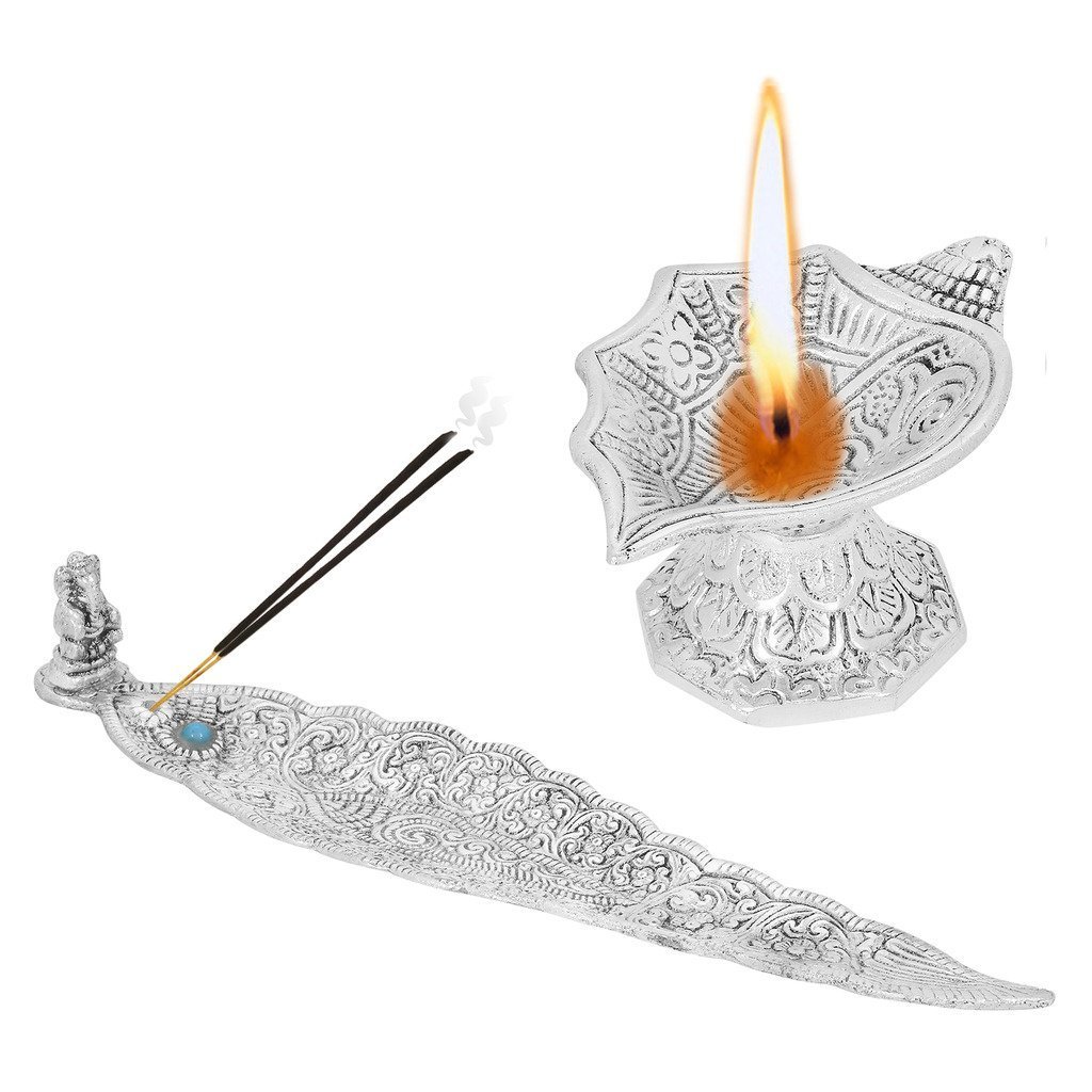 URBAN HAAT Traditional Metal Pooja Golden Deepak/Diya with Ash Free Agarbatti Stand