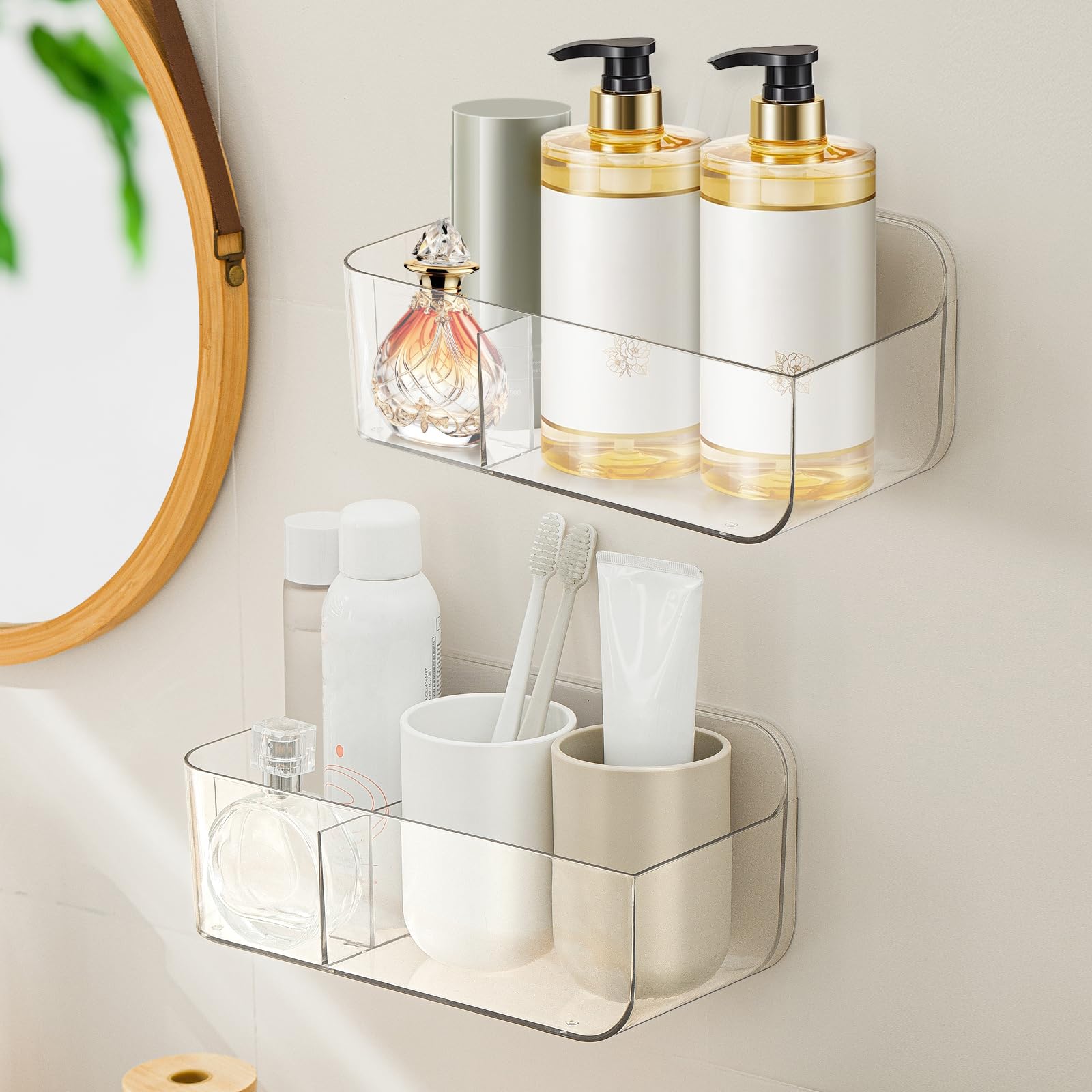 Paquete de 2 organizadores de almacenamiento de montaje en pared, cesta de almacenamiento transparente con 3 compartimentos, sin taladrar, colgar paredes/puertas para cocina, gabinete, baño,