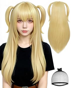 BESTBEL 28 inch Long Blonde Wigs Bangs Blonde Cosplay Wig with Ponytails