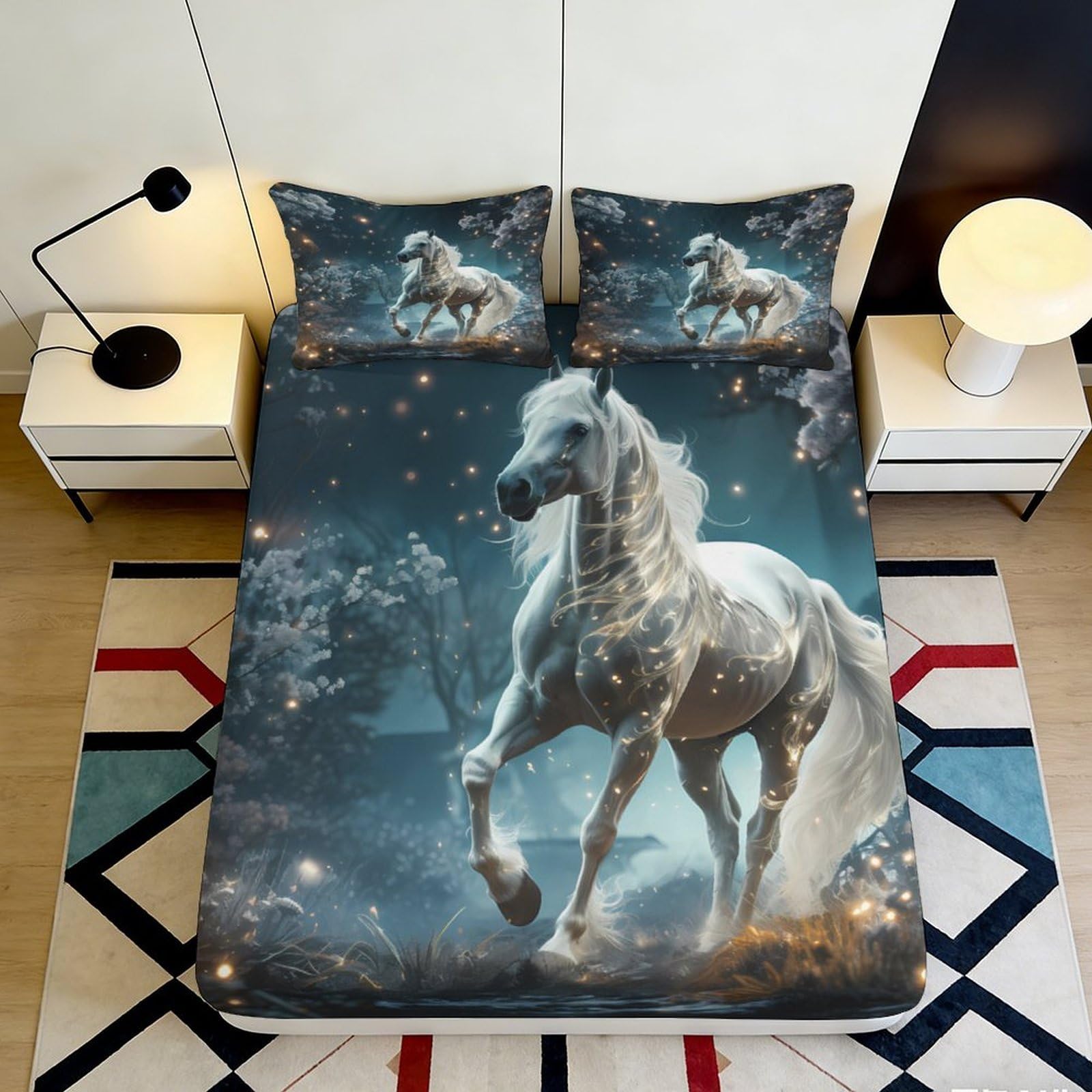 Jqzkxnhpbr Style-3 3D Printed White Horse Forest Fitted Sheet Microfiber Soft Anti-Slip Bed Sheet For Bedroom Guestroom Decor 90X200x25cm