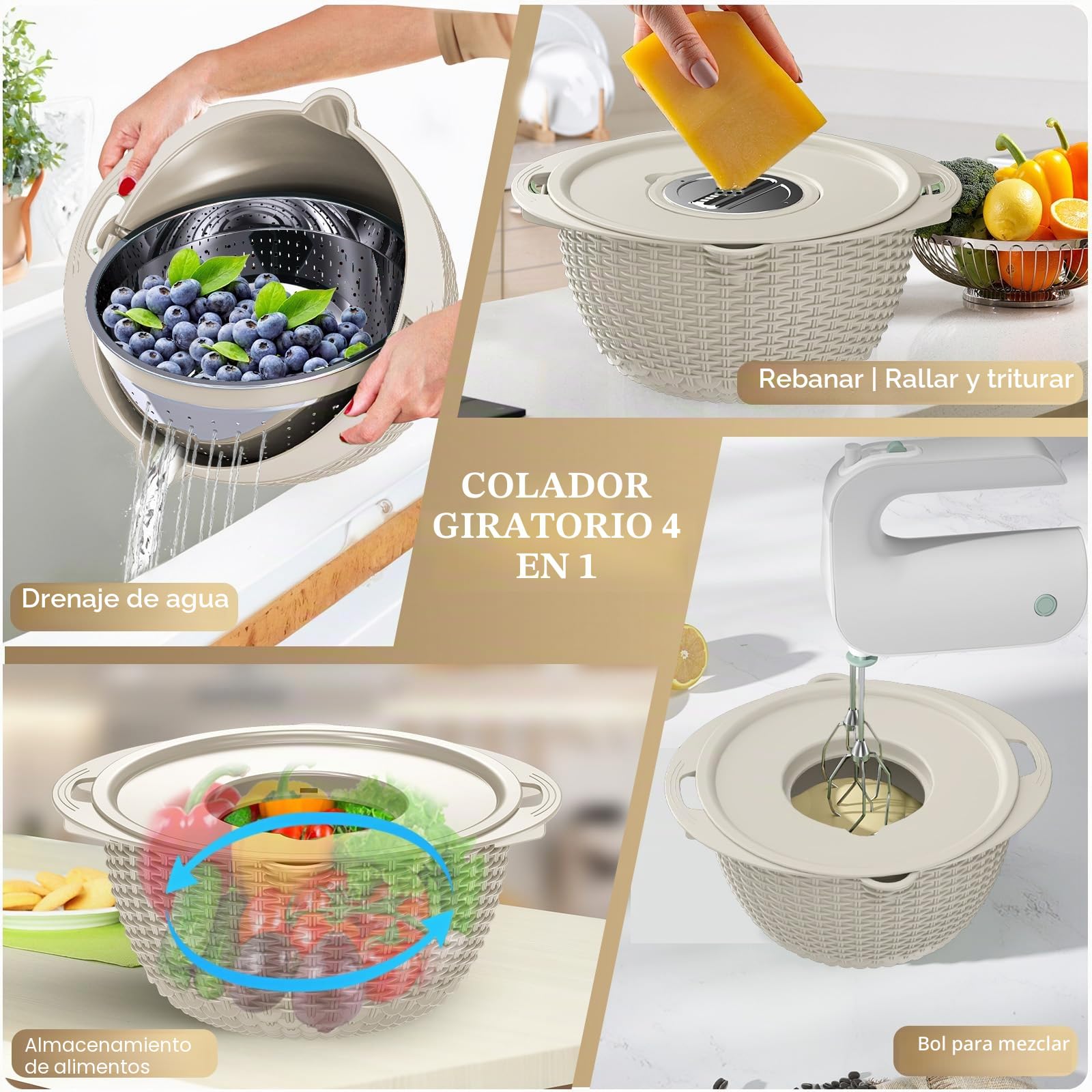 Juego de coladores 4-1 con cuencos, coladores giratorios para cocina, coladores y coladores de alimentos, regalos divertidos para mujeres, limpiador de frutas, lavado vegetal, artículos esenciales de