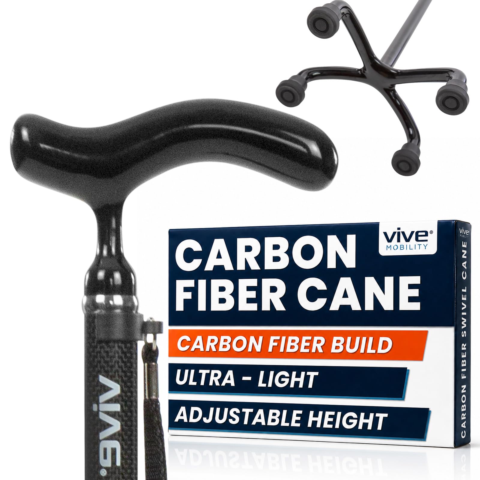 Vive Quad Cane - Bastón ligero de fibra de carbono para hombres y mujeres - Mango ergonómico ajustable - Puntas de goma antideslizantes de cuatro puntas para soporte de estabilidad derecha e izquierda