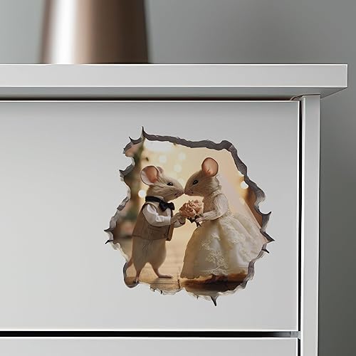 Miniatura 6 de Calcomanía de ratones de novia y novio en agujero de ratón, calcomanía de pared 3D con agujero de ratón