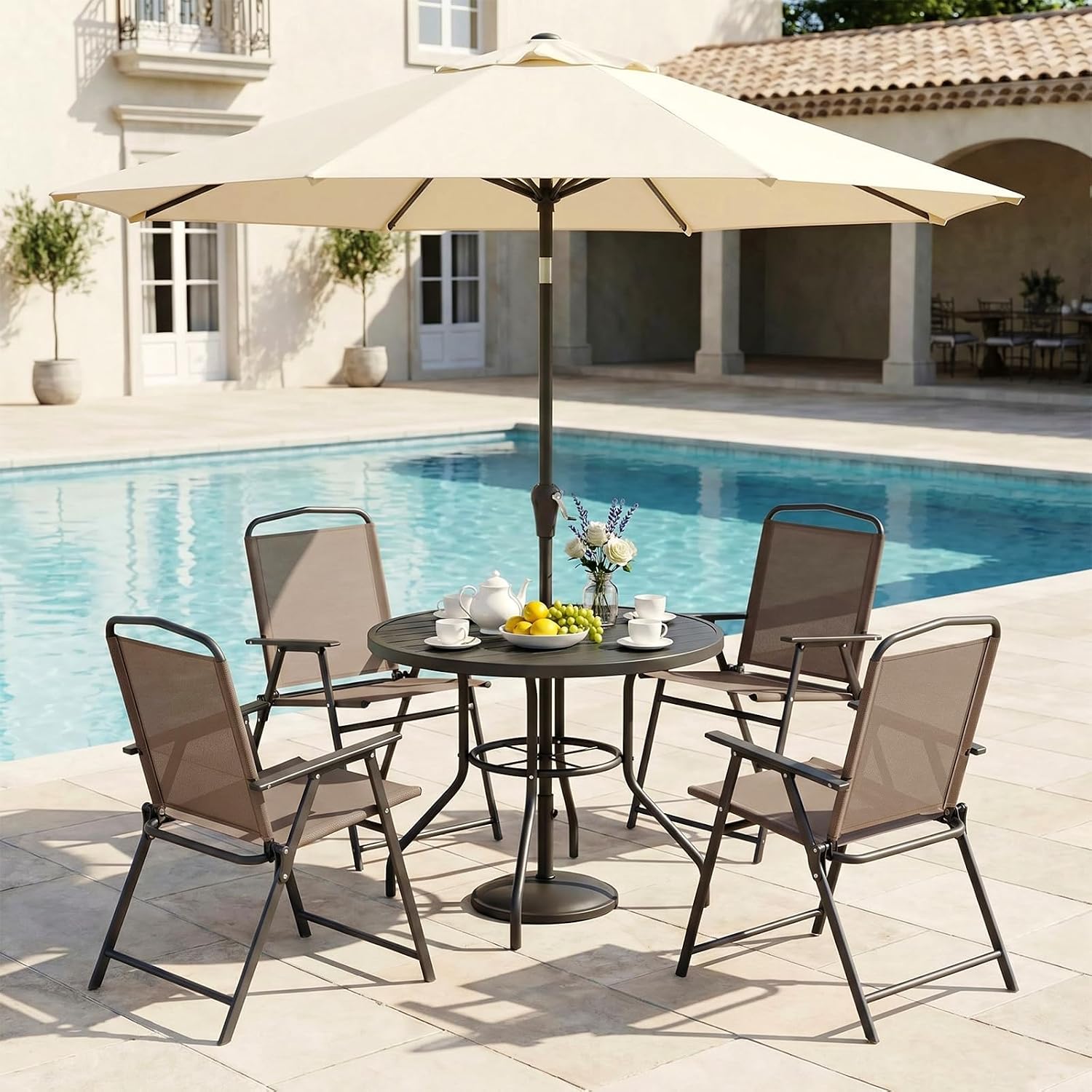 TLSUNNY Patio Folding Chairs Set of 2, Portable Dining Lawn Chairs, Outdoor Folded Furniture W/Breathable Textilene & Steel Frame, Armrests & Crossbar, All Weather for Pool, Camping (2, Brown)