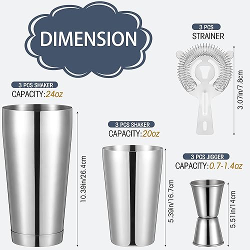 Miniatura 2 de Juego de cocteleras de 12 piezas, coctelera Boston, juego de coctelera profesional de acero inoxidable de 20 onzas, 24 onzas, boston, colador