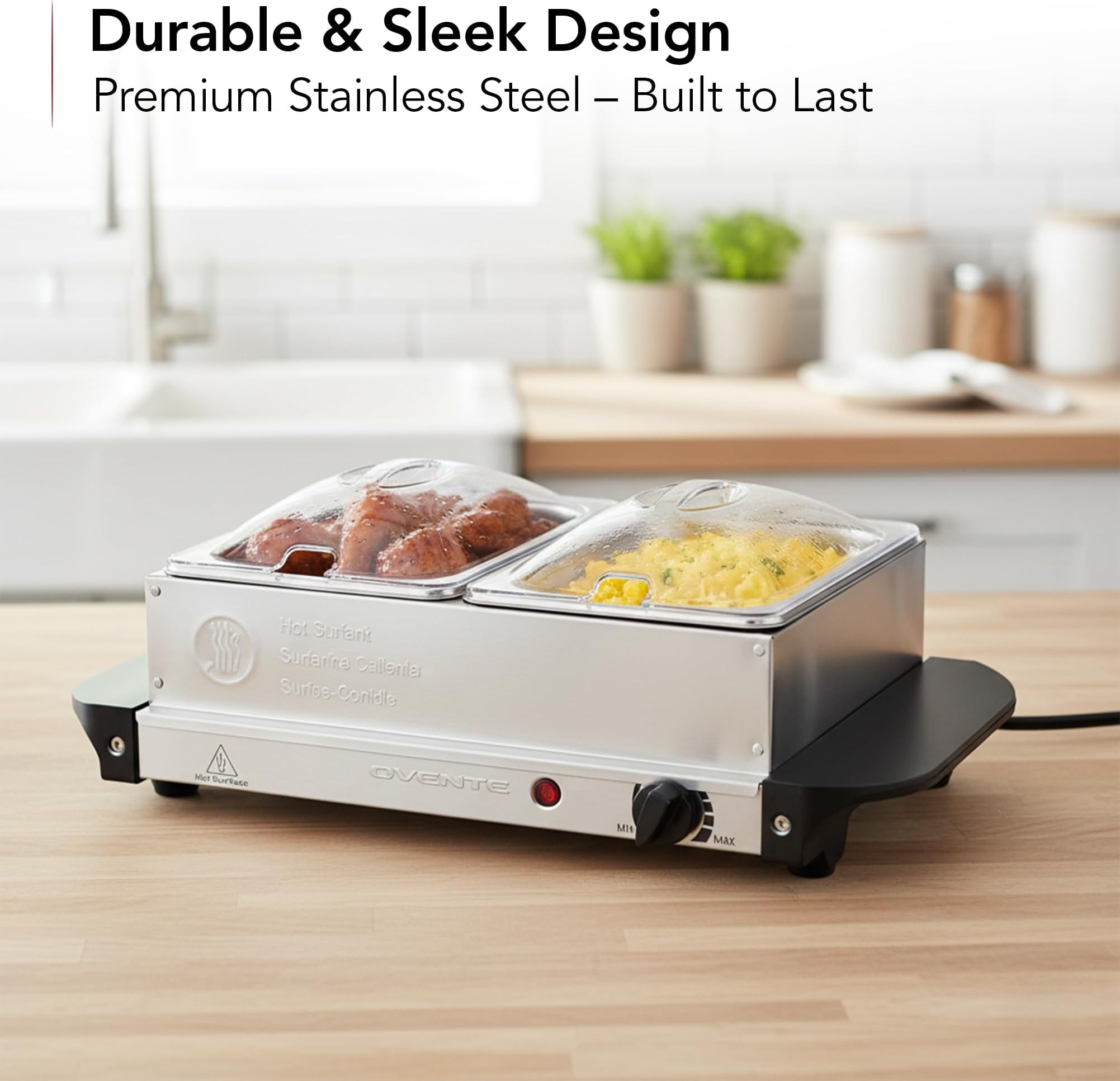 OVENTE Electric Buffet Server with 2 Warming Pan, Portable Food Warmer for Catering, Party, Entertaining and Holiday, Stainless Steel Chafing Dish Set with Temperature Control, Silver FW152S, 2 Trays